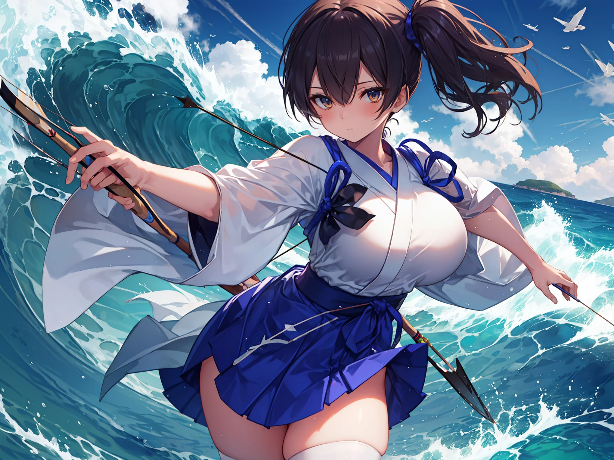 Kaga(Fleet Collection),highest quality, masterpiece, High resolution,kimono,blue skirt,side ponytail,big_breasts,solo,Japanese_bow&arrow,dynamic_posing,half_eyes,solo,plump,sea_landscape_background,waves
