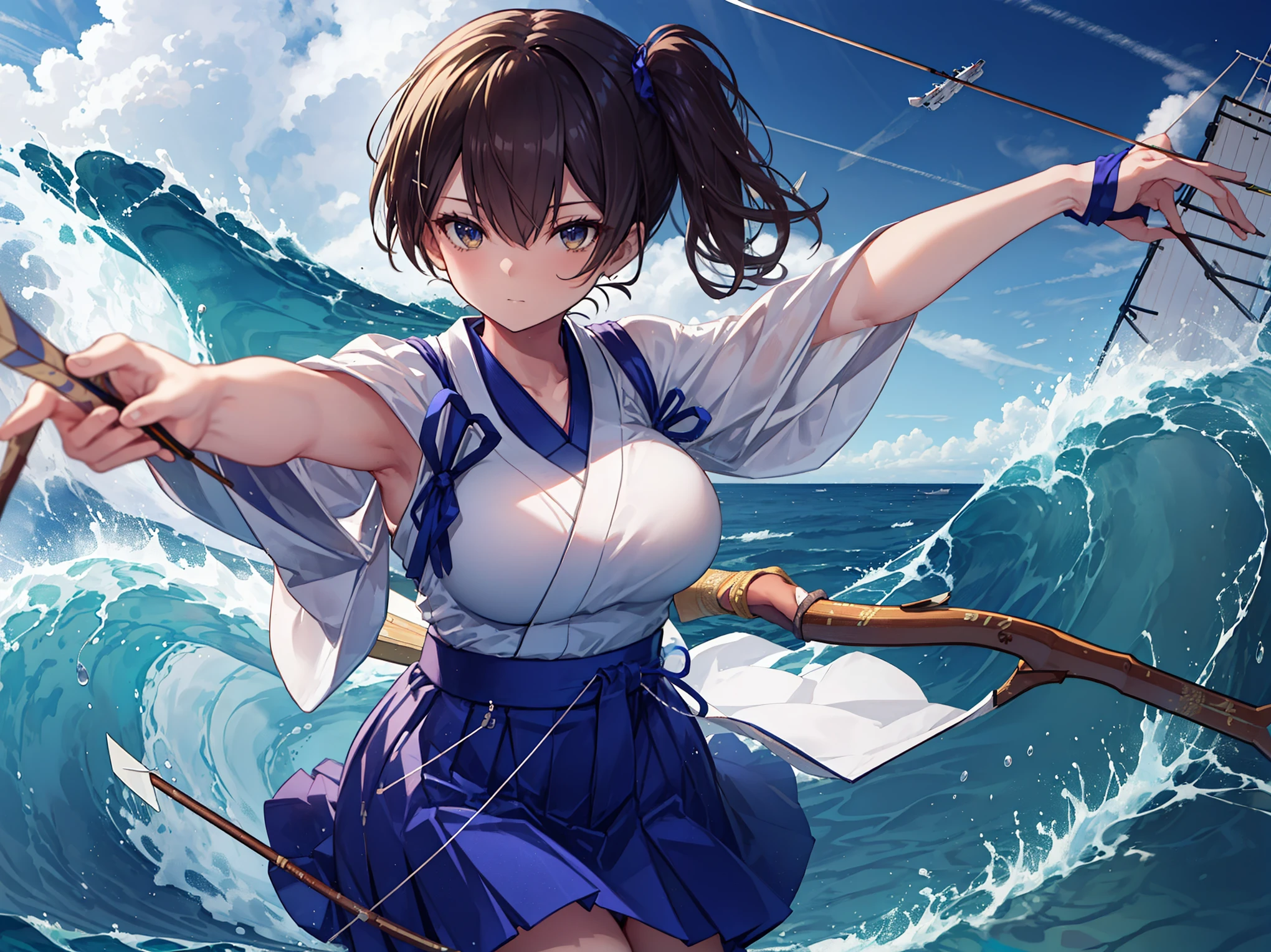 Kaga(Fleet Collection),highest quality, masterpiece, High resolution,kimono,blue skirt,side ponytail,big_breasts,solo,Japanese_bow&arrow,dynamic_posing,half_eyes,solo,plump,sea_landscape_background,waves