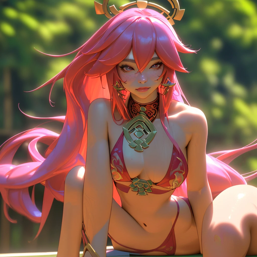 a beautiful yae miko, wearing a small pink bikini, detailed face and eyes, elegant pose, beautiful detailed skin, long flowing hair, intricate jewelry, lush garden background, warm lighting, vibrant colors, cinematic composition, photorealistic, (best quality,4k,8k,highres,masterpiece:1.2),ultra-detailed,(realistic,photorealistic,photo-realistic:1.37)