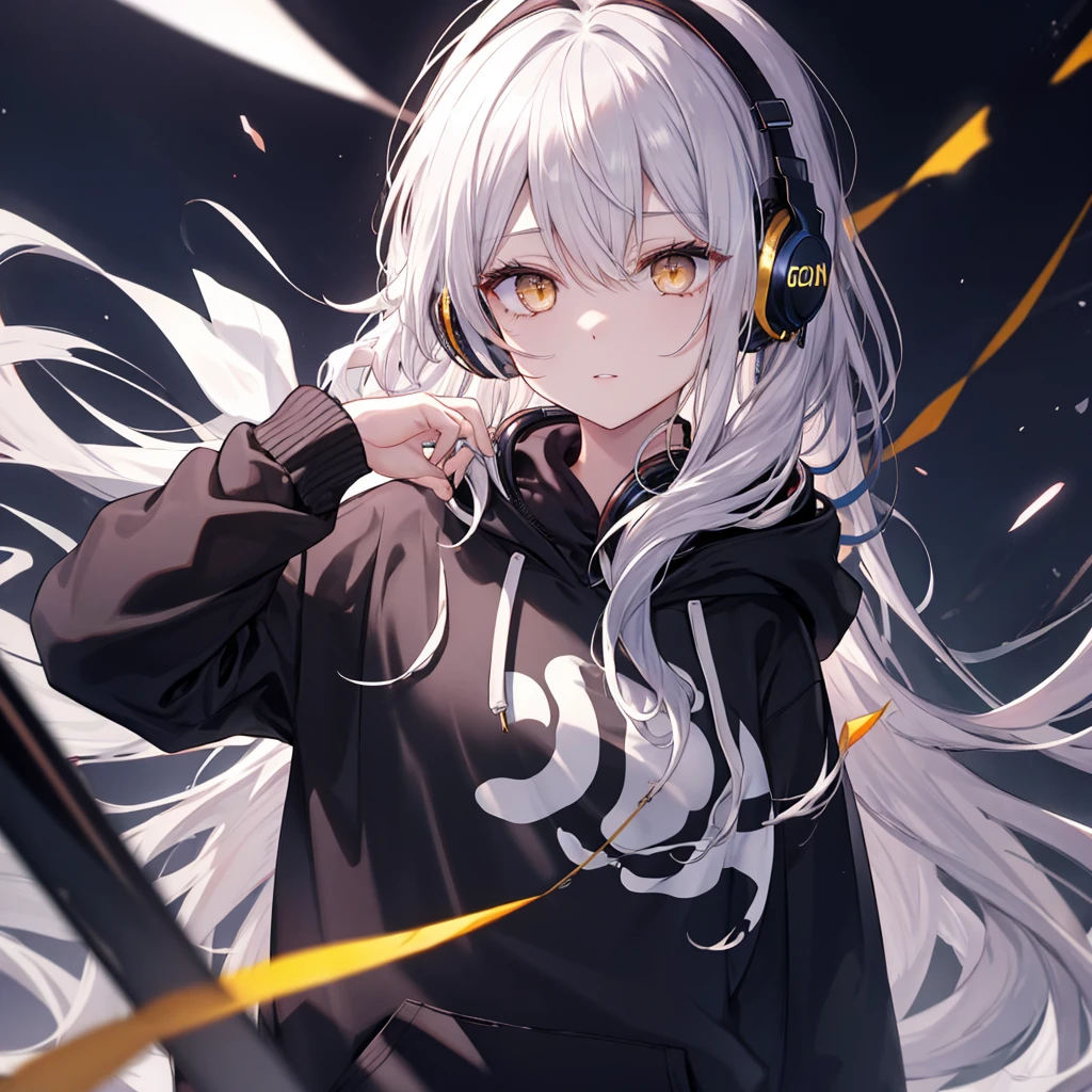 Golden Eyes、woman、Silver Hair、Semi-long hair、Put on some cool headphones,
Black hoodie oversized,
MytH, beautiful and delicate
Golden Eyes、Black clothes,Solo,
Near future