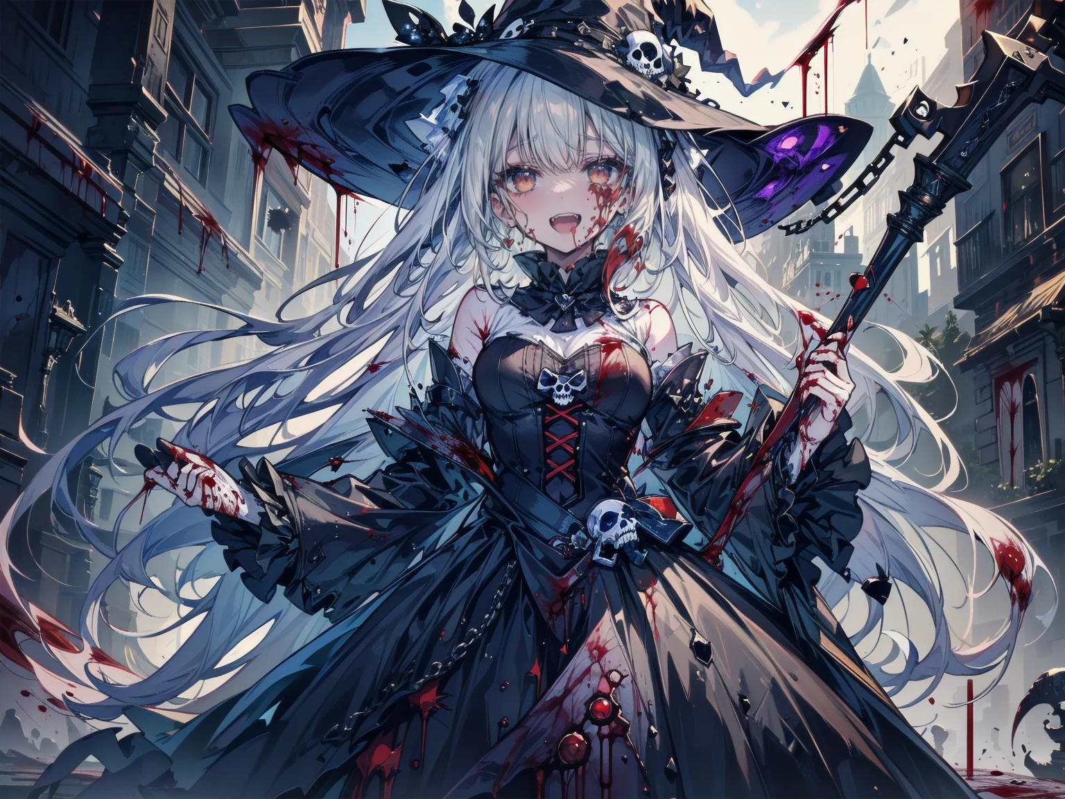 knife Boy half human half ghost Illustration by komeiji koishi, looking at viewers, staring, blood, eyes visible through hair, insanity, splashing blood, holding knife,