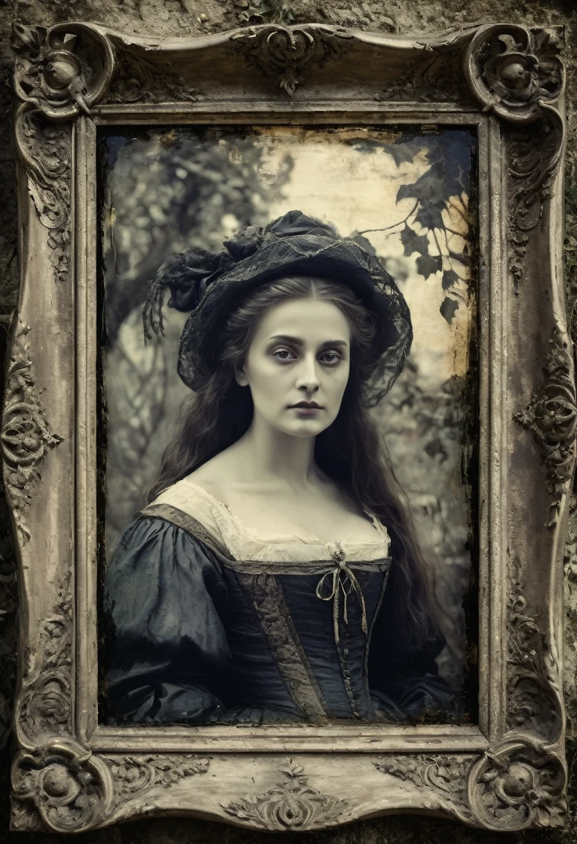 traditional, antique frame, old picture, classic, dated period, oil paint, witch, dead garden, lady, desaturated image, horror tone, renaissance period style