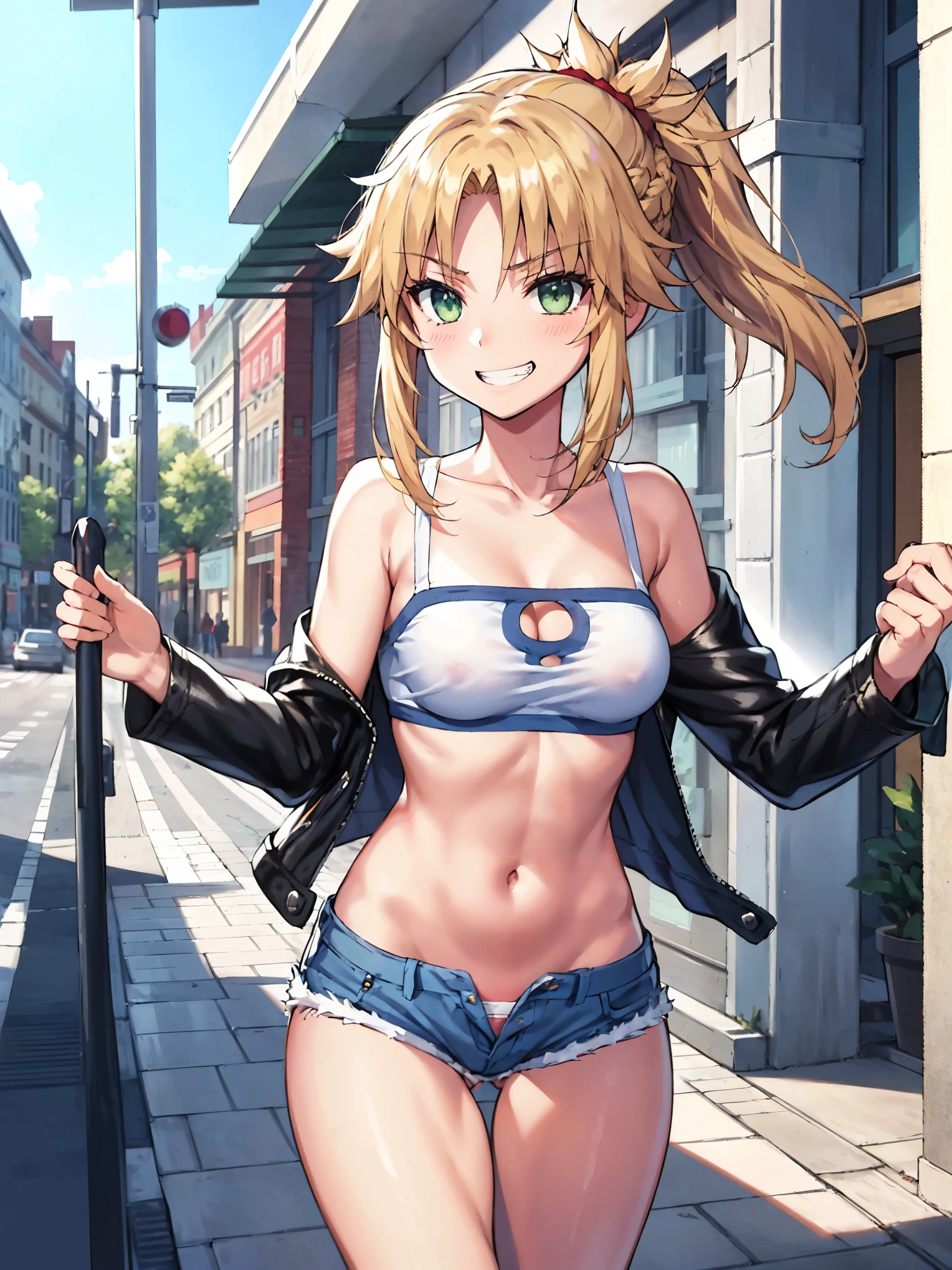 Masterpiece, Best Quality, illustration, city_street_landscape, 1girl, Mordred \(fate\), cowboy shot, collarbone, Detailed blond hair ponytail braid, green eyes, Red leather jacket, White short blouse, denim shorts,navel,thigh-high,grin, covered_pussy,skiny