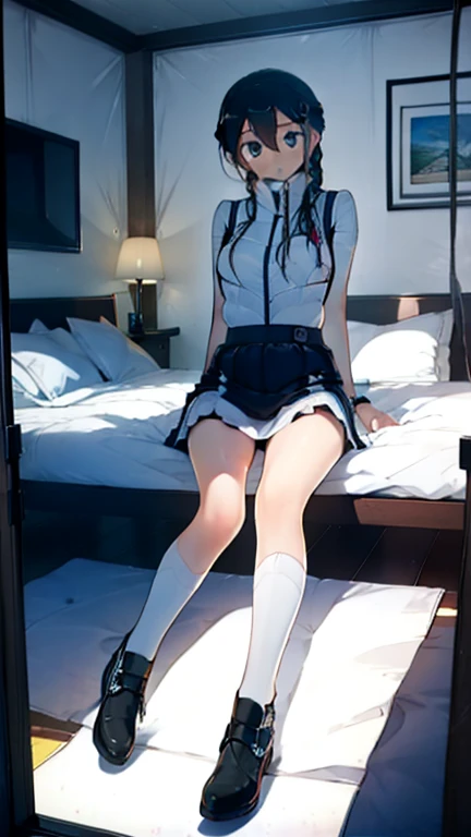 (Highest quality), (masterpiece), 1080P, High resolution, 4K, 8k, Thigh straps, Shooting from directly below, The woman on top of me, Nipples, 白いSweat, Covered , Sweat, Woman looking down, Micro Bikini, Skirt swimsuit, Thigh-high socks, To achieve this, 16 years old, Small breasts, whole body, Black leather shoes, Braided hair, Inner Color, Embarrassed face, Short black hair, bracelet, Bedroom,celestial body_Vest