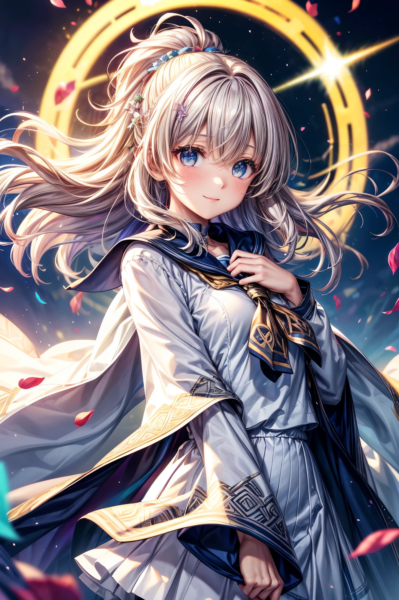 masterpiece,game cg,colorful light particles,floating hair,messy hair,4k,outline,wind,luminous iridescent glowing,colorful lens flare, bloom effect,fluttering petals,colorful flower,glitter, iridescent highlight hair,shiny skin,shiny hair,shiny clothes,star (symbol),{{white background}},morning view,gently smile,wide sleeves,twinkle eyes,Celtic patterned clothes,sailor cape