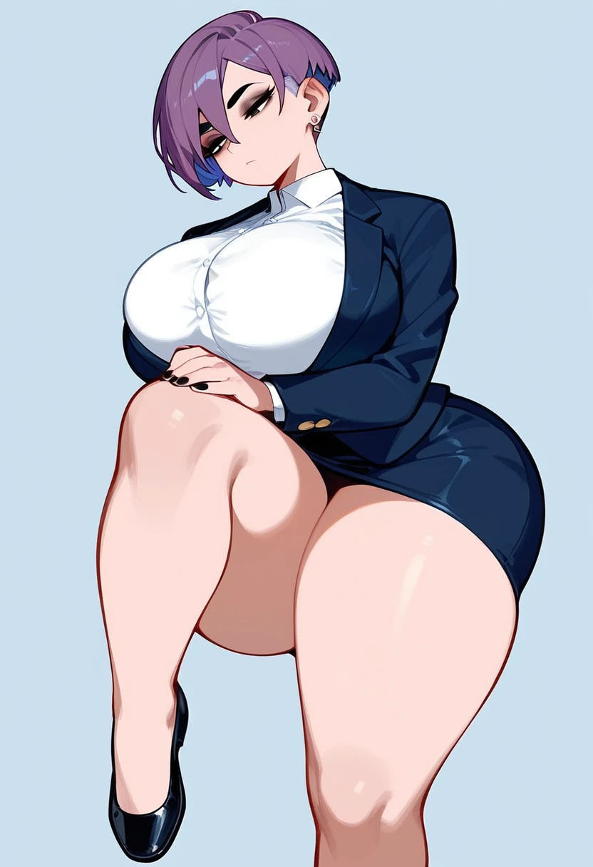 1girl, pale woman, short pixie cut purple hair, some hair on the back of her head, big earring, half lidded eyes, looking straight ahead, black eyeshadow, very massive huge breasts, very busty, small waist, wearing a tight black blazer, white shirt underneath the blazer , expressionless, wide hips, thick thighs, large thighs, black pencil skirt at the knee, short legs, wearing small slip on black flats on her feet, flats shoes, standing upright, straight posture