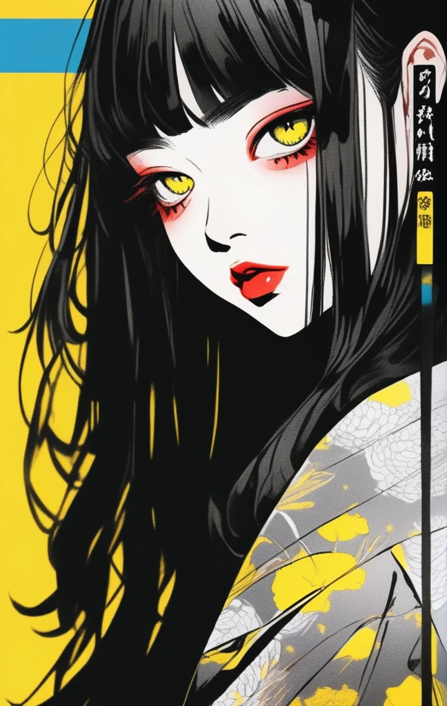 (best quality, sketch:1.2),realistic,illustrator,anime,1 girl, detailed lips, kimono,custom, black and gold gradient background,neon hair,textured cropping, masterpiece, style retro classic, noir style 、An illustration、art、70s horror movie posters, Supervised by Junji Ito、High detail, Realistic Shadows、Analog Style, chromatic aberration, Surrealism、Complementary Gradient