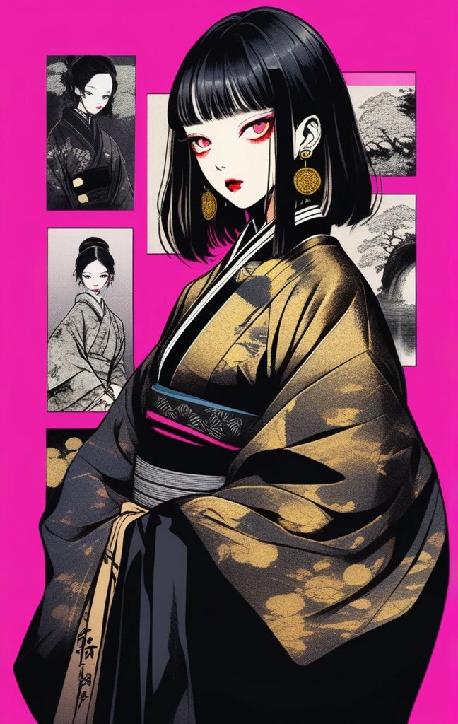 (best quality, sketch:1.2),realistic,illustrator,anime,1 girl, detailed lips, kimono,custom, black and gold gradient background,neon hair,textured cropping, masterpiece, style retro classic, noir style 、An illustration、art、70s horror movie posters, Supervised by Junji Ito、High detail, Realistic Shadows、Analog Style, chromatic aberration, Surrealism、Complementary Gradient