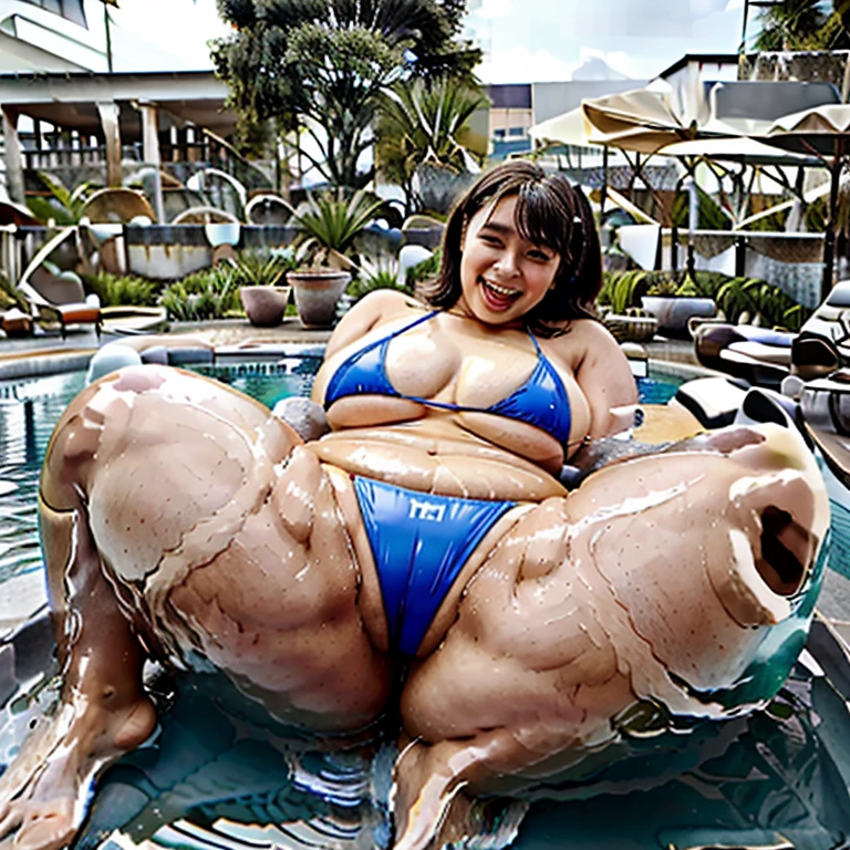 Photo of Curvy girl, wearing bikini, big belly, wide hips, thick thighs, large butt, she is stuck in an innertube, she is laughing a bit, floating in the pool without a care in the world