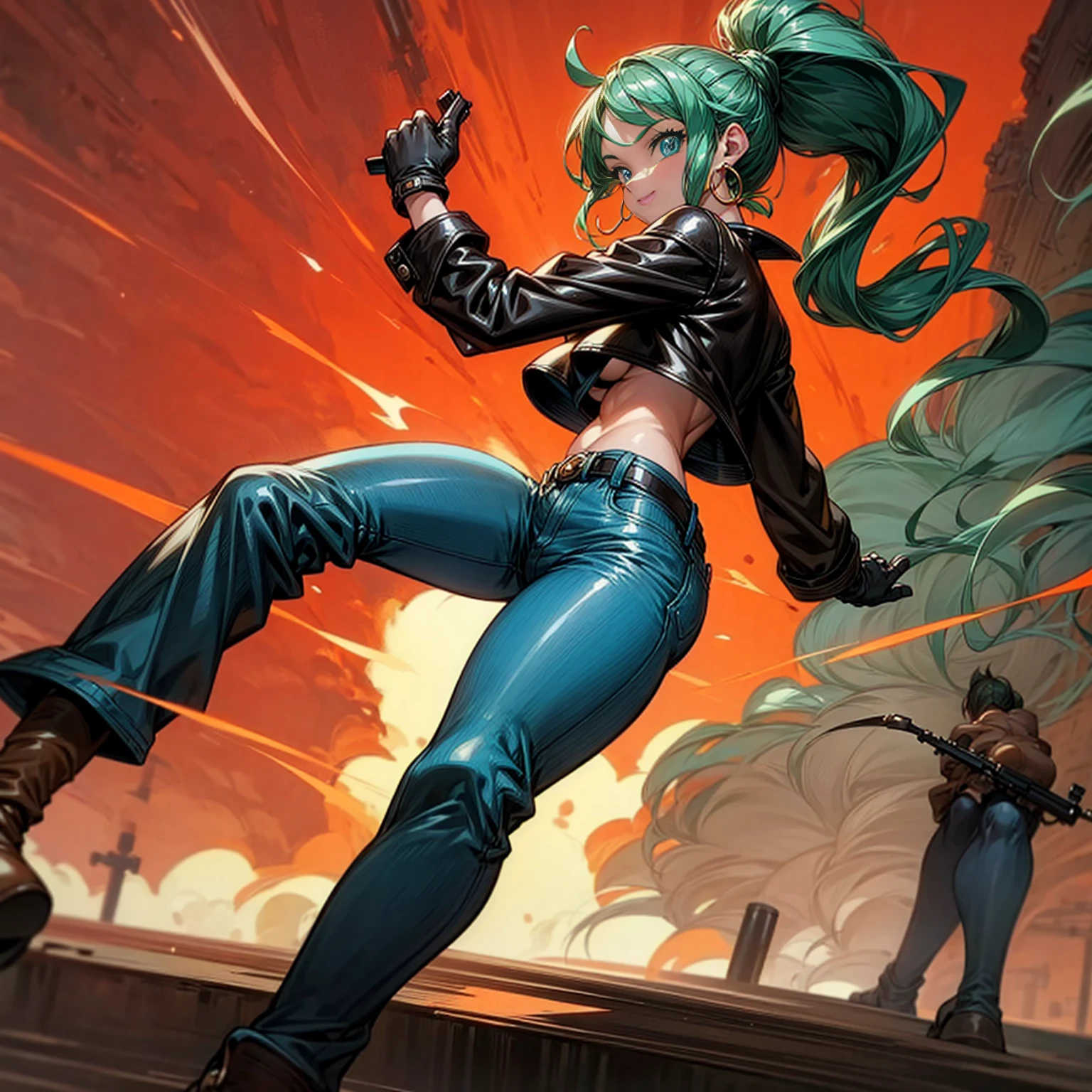 Solo character, young girl, full body version, blue eyes, green hair, long Curly hairstyle, ponytail, black t-shirt, brown leather jacket, long jeans, white boots, gloves, big breasts, Grassroots, background in street city, evening day, (one piece style art), standing battle gesture, handgun in hand, smoke effect, fire effect, blood on background, happy eyes, Hoop earrings 