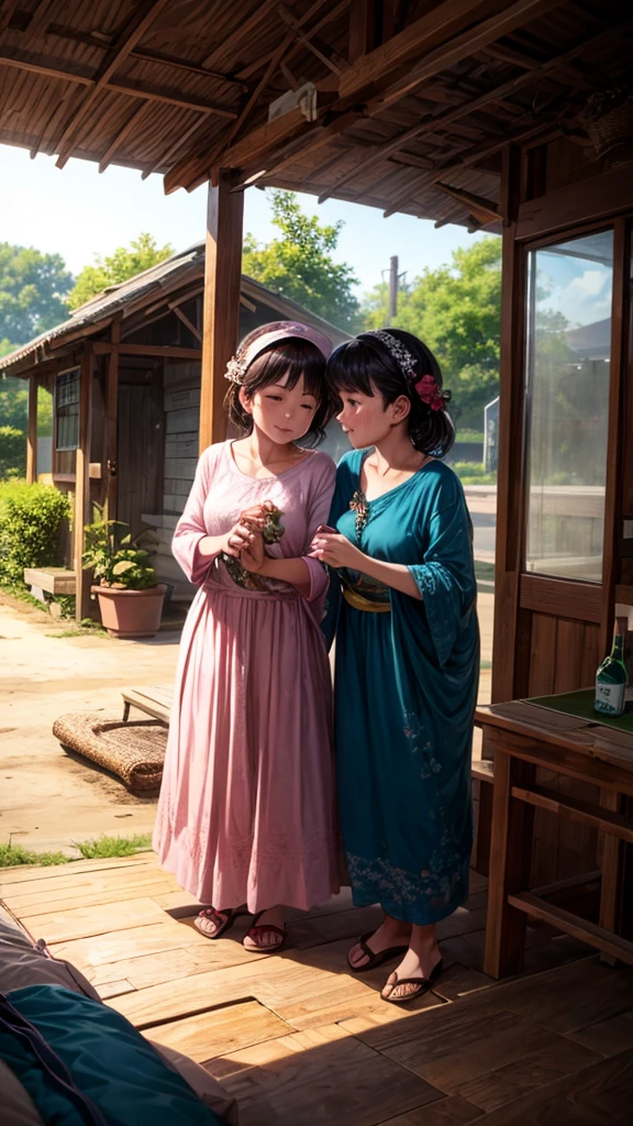 A couple is romancing under a hut. The couple is wearing short clothes. It is evening.