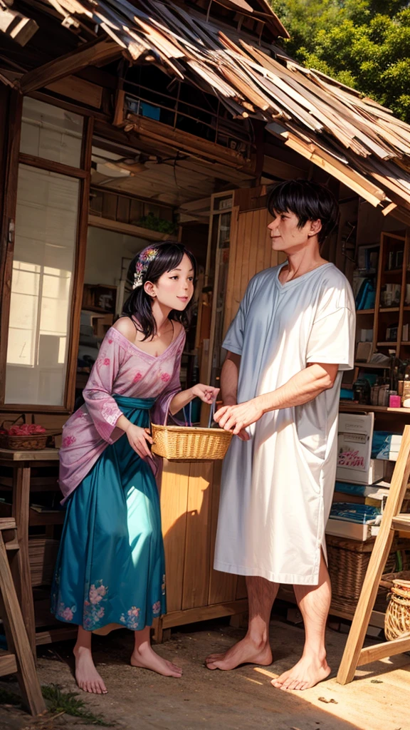 A couple is romancing under a hut. The couple is wearing short clothes. It is evening.