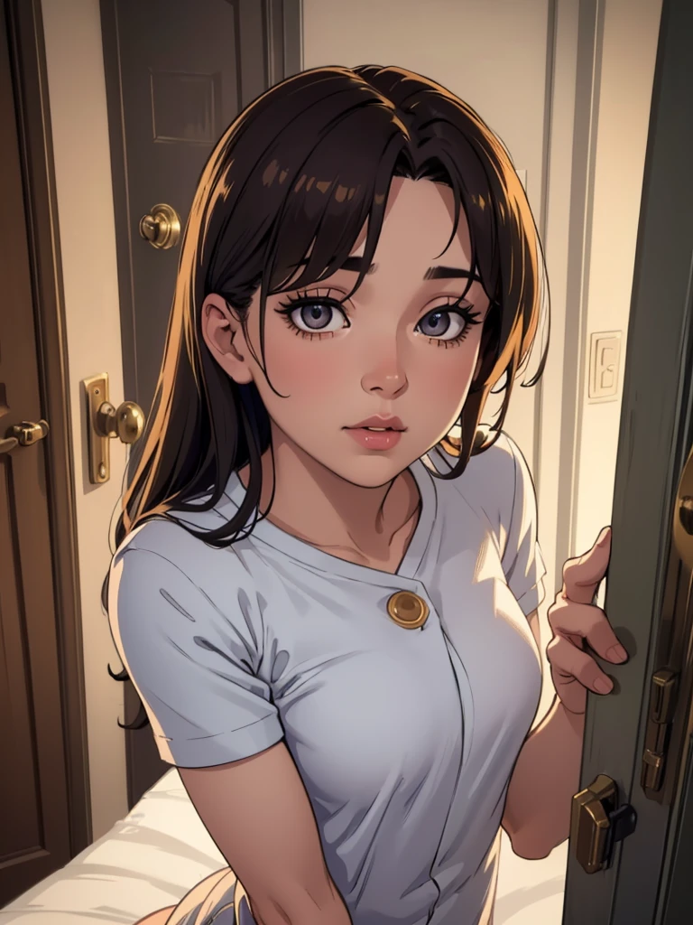 a girl sleeping on a bed in a bedroom, a boy standing near the bedroom door looking at the girl, beautiful detailed eyes, beautiful detailed lips, extremely detailed eyes and face, long eyelashes, 1girl, 1boy, bedroom, bed, clothes, door, photorealistic, high quality, realistic lighting, warm color tones, intricate details, cinematic composition, (best quality,4k,8k,highres,masterpiece:1.2),ultra-detailed,(realistic,photorealistic,photo-realistic:1.37), portraits, studio lighting, physically-based rendering, professional, vivid colors, bokeh