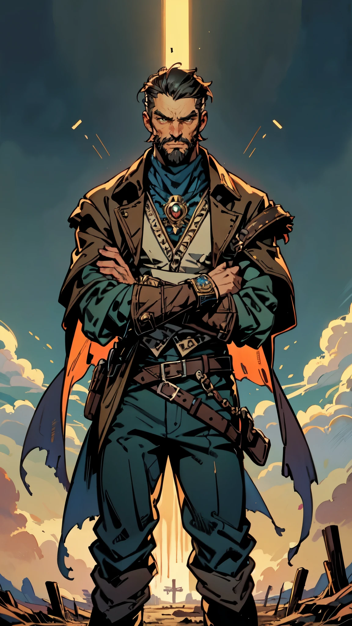 (masterpiece:1.2, best quality:1.2, extremely delicate:1.2), ((male:1.5)), a middle-aged man with short black and gold hair, rugged eyebrows, a full beard, downturned triangular eyes, an arrogant expression, mouth open laughing, a tall and robust build, a fantasy western-style cape and leather coat, his arms crossed over his chest, a leather utility belt, loose canvas trousers, standing majestically on a barren hillside, this character embodies a finely crafted fantasy western-style overlord in anime style, exquisite and mature manga art style, dramatic, high definition, highres, ultra-detailed, ultra-fine painting, professional, perfect body proportions, golden ratio, anatomically correct, symmetrical face, extremely detailed eyes and face, high quality eyes, creativity, RAW photo, UHD, 32k, Natural light, cinematic lighting, (masterpiece-anatomy-perfect:1.2)