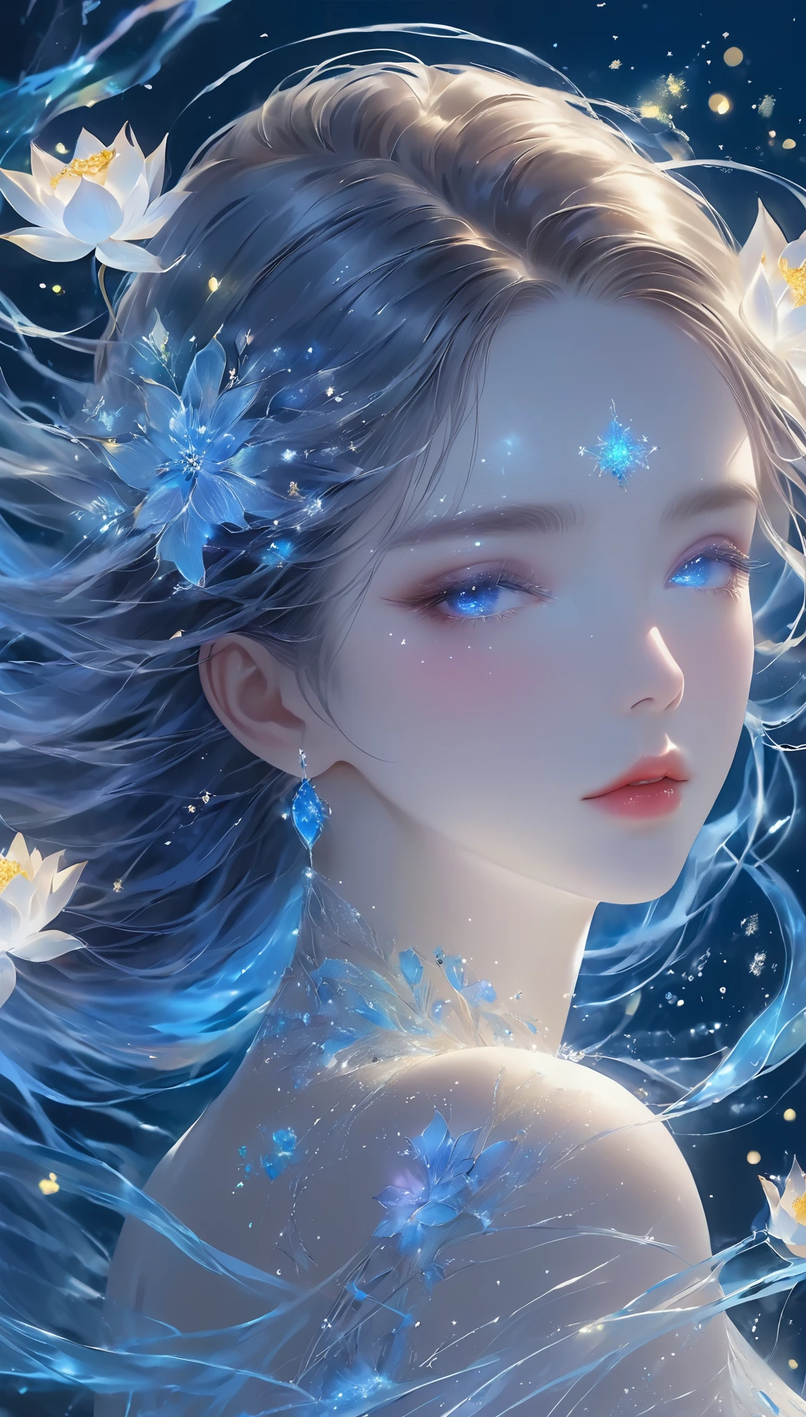 Seven part photos, masterpiece, best quality, Official Art, Extremely detailed CG 8k wallpaper,(Flying petals)(Detailed ice) , water晶质感皮肤, Cold expression, White hair, Long hair, Messy hair, blue eyes, Looking at the audience, Extremely refined, water, ((Beautiful and delicate eyes)), Very detailed, light,((Pretty Face),fine water surface, (Original figure painting), Very detailed, Very detailed, (Extremely refined), Beautiful and delicate eyes,Imagine a glass woman, Her exquisite figure is like a work of art, Crying under the stars. The blue night enveloped her, A melancholy light enveloped her graceful figure. Her glass Body Glows with bright blue hues, Every line and curve is engraved with intricate detail. The glass in her eyes reflects the twinkling stars, Embodying the infinite depth and emotion of the universe. Her sadness is beyond words, But her beautiful figure remains unaffected, Proof of the extraordinary power of emotion. This 4K glass woman is a delicate painting of light and shadow, color, and feeling, arrive，Body Glow，Glowing Line，Fluorescence,Glow Example，Tracking Example，flash，萤Light Particles，Backlight，translucent，Light Particles，Correct human anatomy，