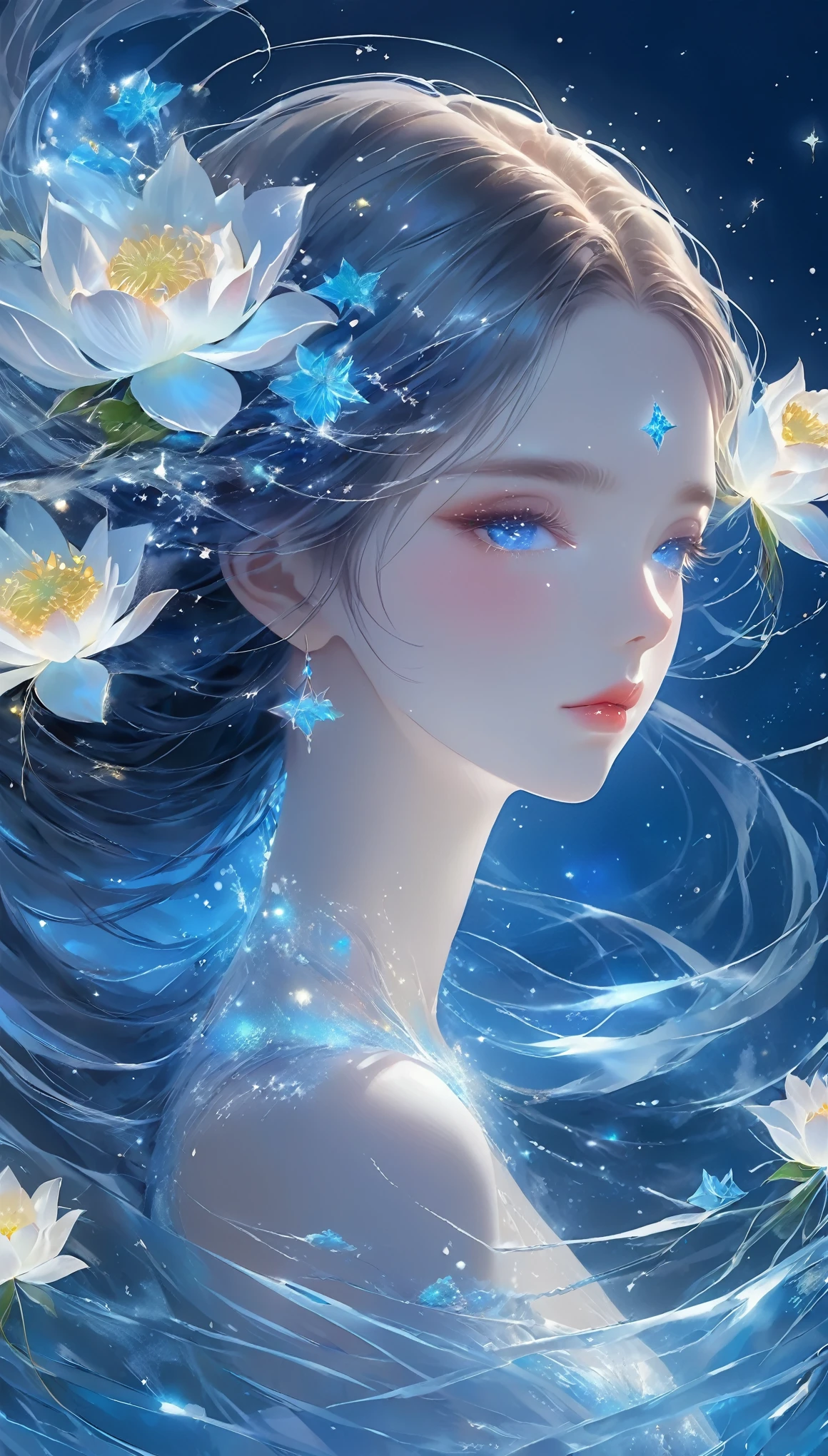 Seven part photos, masterpiece, best quality, Official Art, Extremely detailed CG 8k wallpaper,(Flying petals)(Detailed ice) , water晶质感皮肤, Cold expression, White hair, Long hair, Messy hair, blue eyes, Looking at the audience, Extremely refined, water, ((Beautiful and delicate eyes)), Very detailed, light,((Pretty Face),fine water surface, (Original figure painting), Very detailed, Very detailed, (Extremely refined), Beautiful and delicate eyes,Imagine a glass woman, Her exquisite figure is like a work of art, Crying under the stars. The blue night enveloped her, A melancholy light enveloped her graceful figure. Her glass Body Glows with bright blue hues, Every line and curve is engraved with intricate detail. The glass in her eyes reflects the twinkling stars, Embodying the infinite depth and emotion of the universe. Her sadness is beyond words, But her beautiful figure remains unaffected, Proof of the extraordinary power of emotion. This 4K glass woman is a delicate painting of light and shadow, color, and feeling, arrive,Body Glow,Glowing Line,Fluorescence,Glow Example,Tracking Example,flash,萤Light Particles,Backlight,translucent,Light Particles,Correct human anatomy,