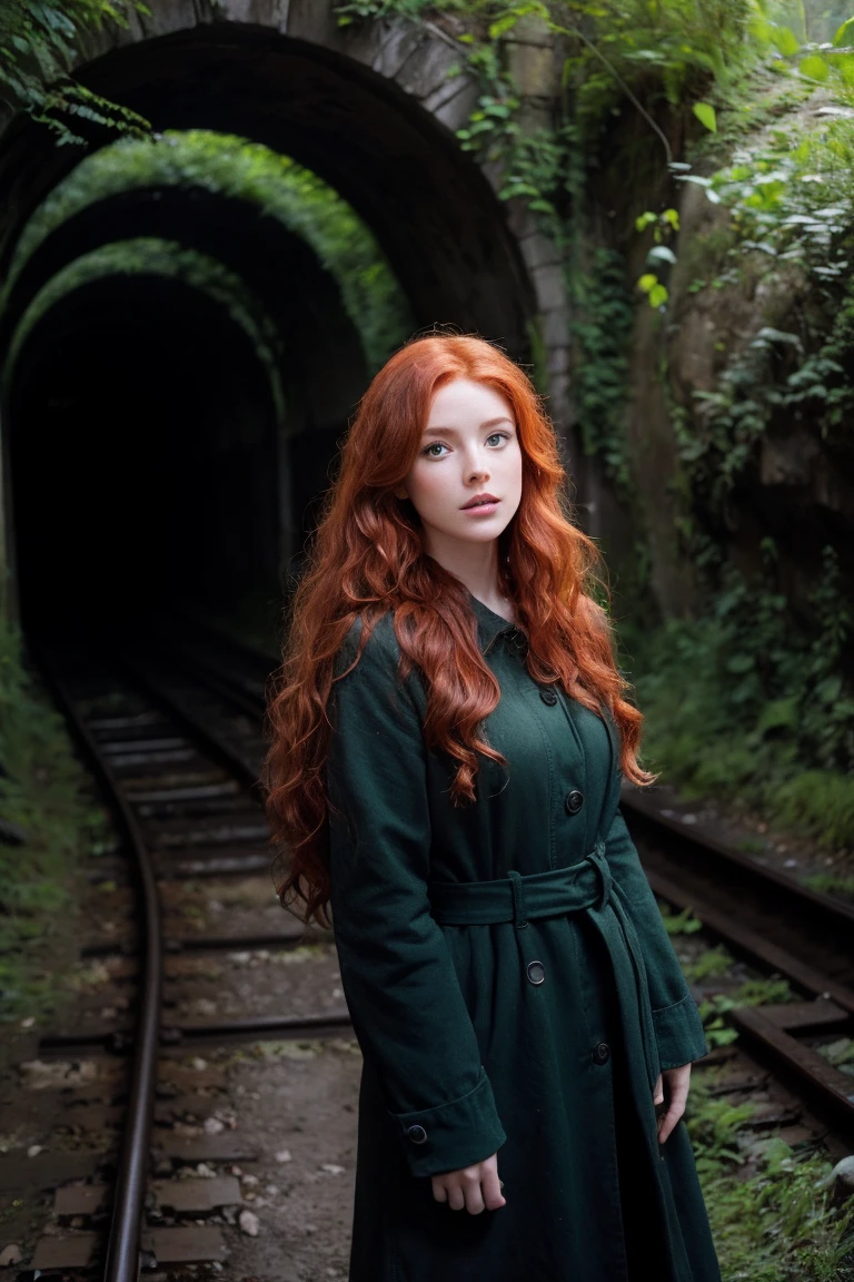 3165185470 beautiful redhead with wavy hair in a wide abandoned railway tunnel with full contrast realistic green flora