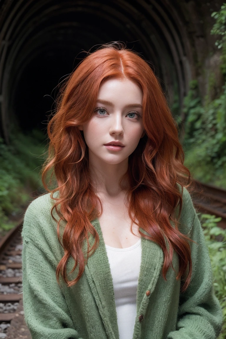 3165185470 beautiful redhead with wavy hair in a wide abandoned railway tunnel with full contrast realistic green flora