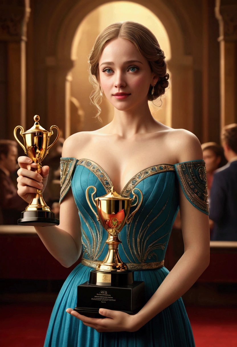 Award-Winning Moment, holding prize, full body, cinematic still, (best quality, masterpiece, photorealistic), very aesthetic, perfect composition, intricate details, ultra-detailed, vivid colors