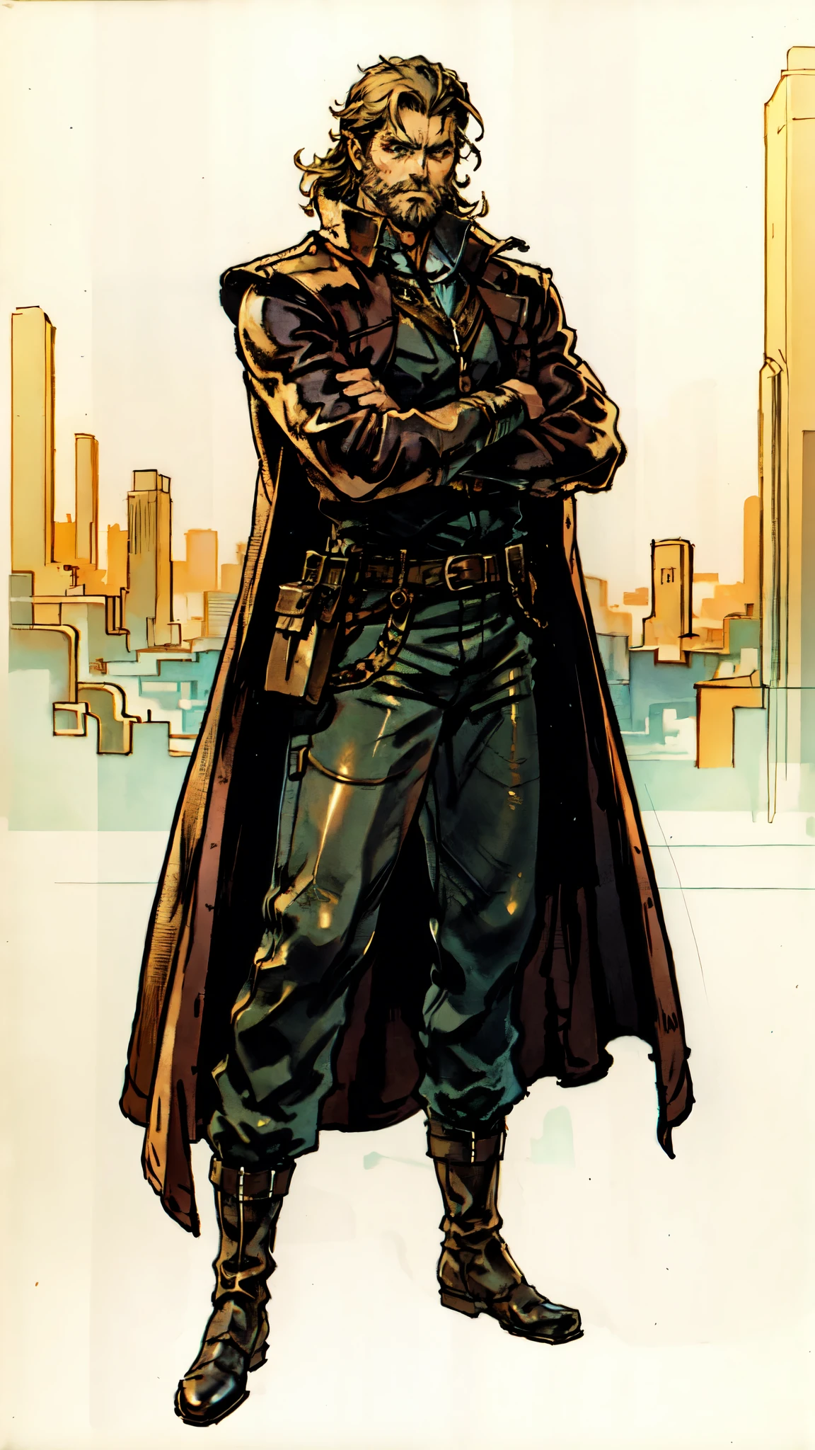 (masterpiece:1.2, best quality:1.2, extremely delicate:1.2), ((male:1.5)), a middle-aged man with short black and gold hair, rugged eyebrows, a full beard, downturned triangular eyes, an arrogant expression, mouth open laughing, a tall and robust build, a fantasy western-style cape and leather coat, his arms crossed over his chest, a leather utility belt, loose canvas trousers, standing majestically on a barren hillside, this character embodies a finely crafted fantasy western-style overlord in anime style, exquisite and mature manga art style, dramatic, high definition, highres, ultra-detailed, ultra-fine painting, professional, perfect body proportions, golden ratio, anatomically correct, symmetrical face, extremely detailed eyes and face, high quality eyes, creativity, RAW photo, UHD, 32k, Natural light, cinematic lighting, (masterpiece-anatomy-perfect:1.2)
