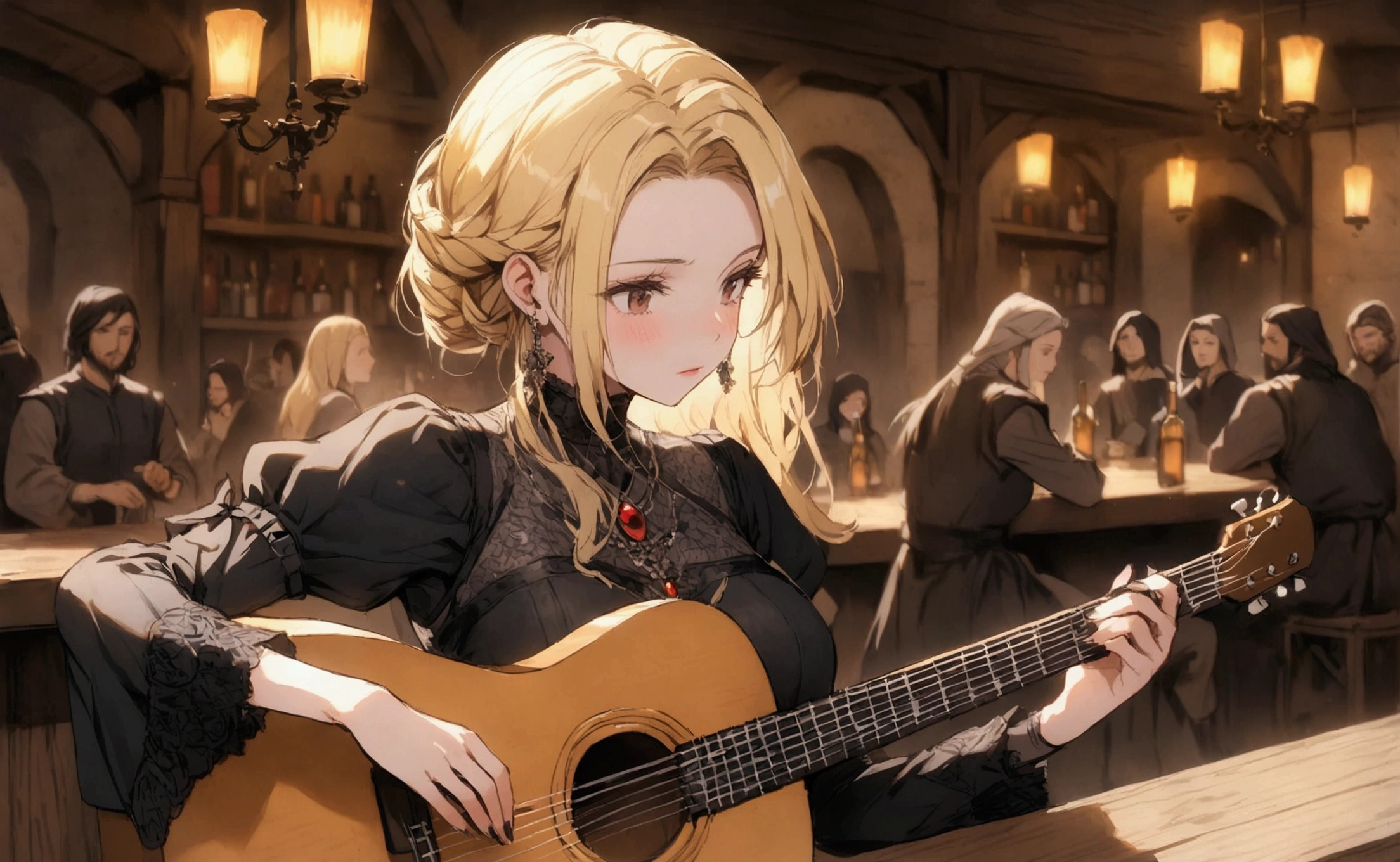 Medieval woman playing guitar, Alone at the bar, , Bella, Blonde Hair