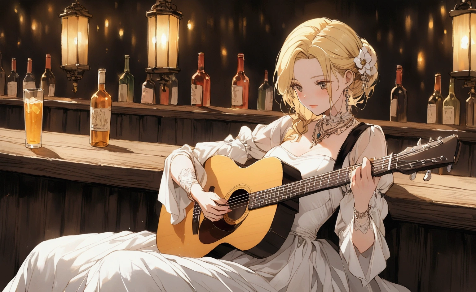 Medieval woman playing guitar, Alone at the bar, , Bella, Blonde Hair