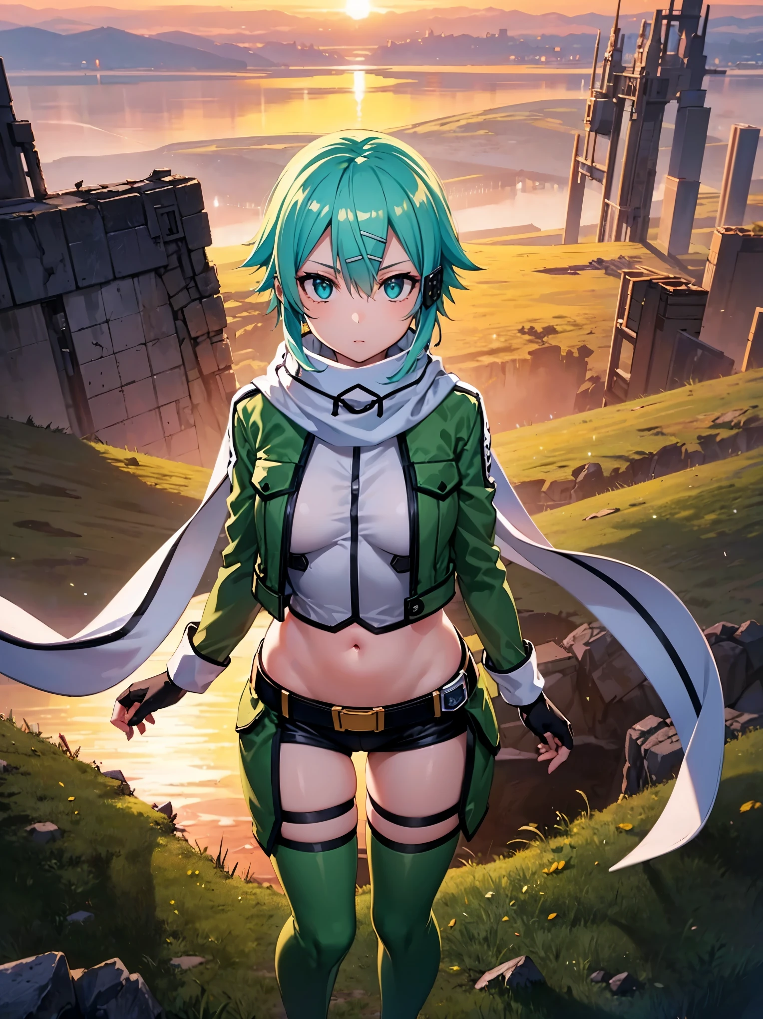 (masterpiece), best quality, expressive eyes, perfect face, highres, sinon1, scarf, fingerless gloves, long sleeves, short shorts,groin, hair ornament, hairclip, green thighhighs, green jacket,covered_nipples, thigh strap, field, sunset_ruins_landscape_background, ruined structures, dynamic_posing, looking at the viewer, (from above:1.2),covered_navel,