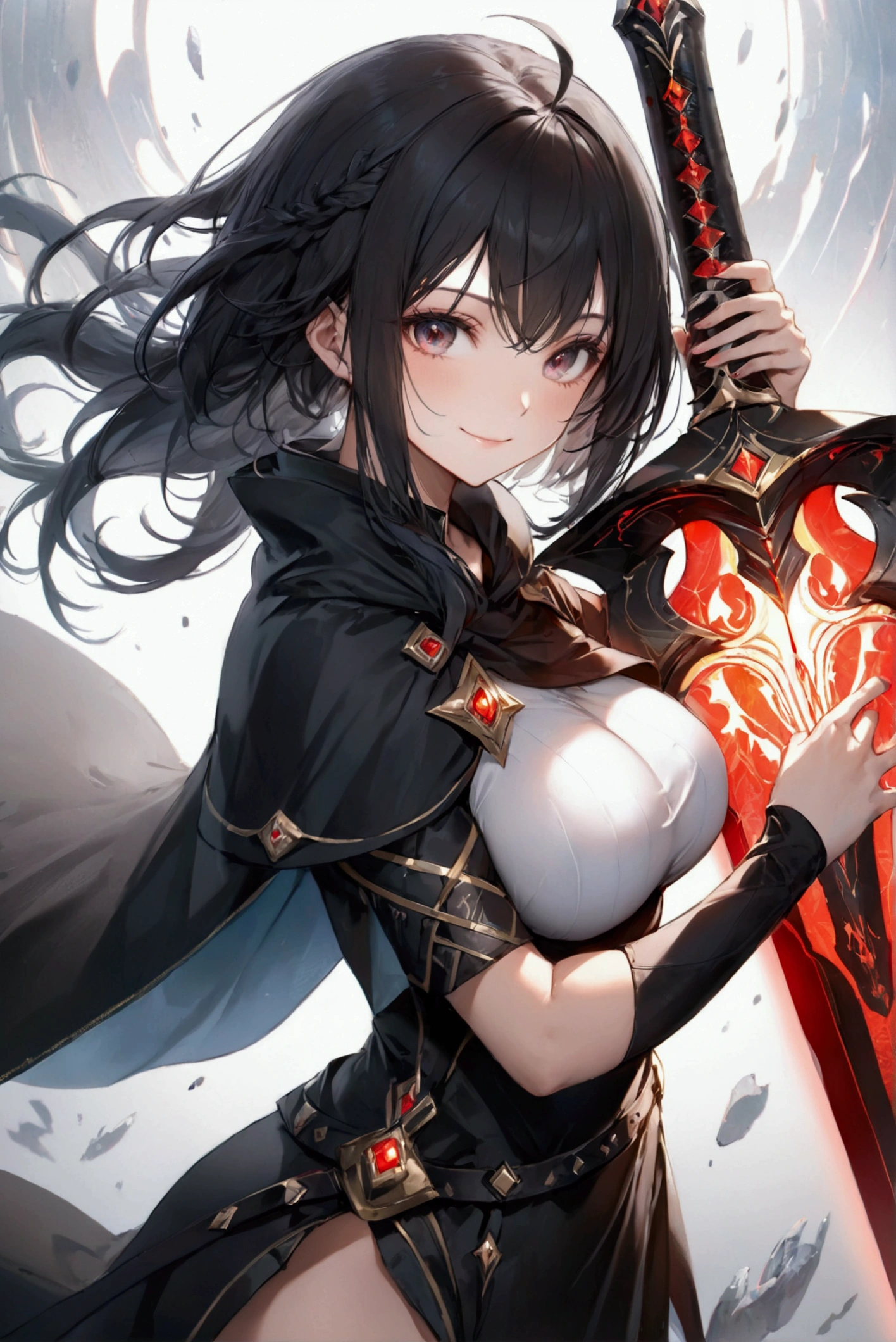 (Highest quality, 8k, 32K, masterpiece, Ultra-high resolution,:1.2),born, One girl,Super cute , Natural light,Clear, shining eyes, 20-year-old ,Fair skin, Girl with black hair, Woman warrior, Sexy pose, An innocent smile, A fantasy background reminiscent of an electronic world, Random hairstyle, Long Hair, short hair, Large Breasts, adult, Red Glowing Sword, Big Sword, Large shield, RPG, Black Hair, Black Cape, evil