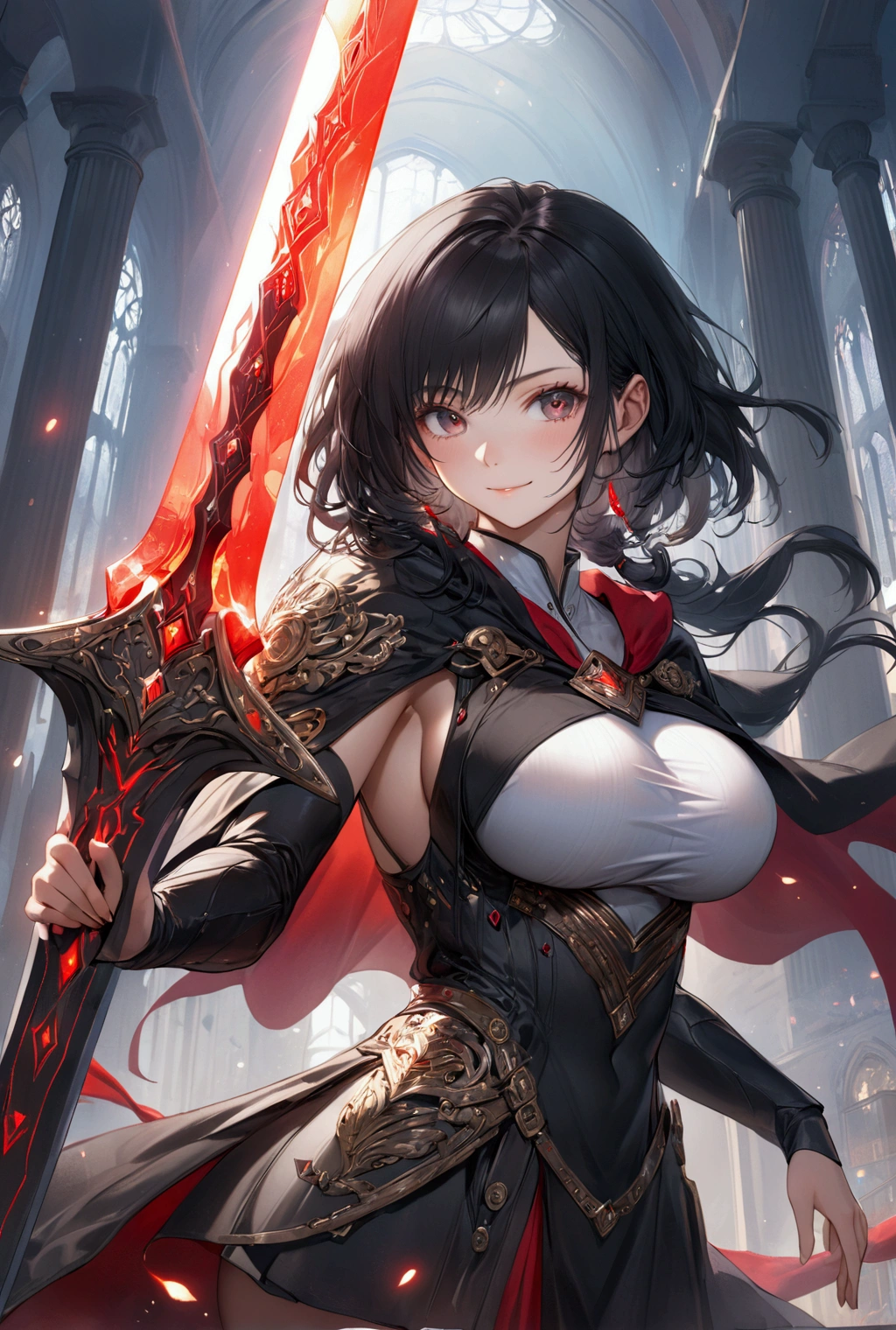 (Highest quality, 8k, 32K, masterpiece, Ultra-high resolution,:1.2),born, One girl,Super cute , Natural light,Clear, shining eyes, 20-year-old ,Fair skin, Girl with black hair, Woman warrior, Sexy pose, An innocent smile, A fantasy background reminiscent of an electronic world, Random hairstyle, Long Hair, short hair, Large Breasts, adult, Red Glowing Sword, Big Sword, Large shield, RPG, Black Hair, Black Cape, evil