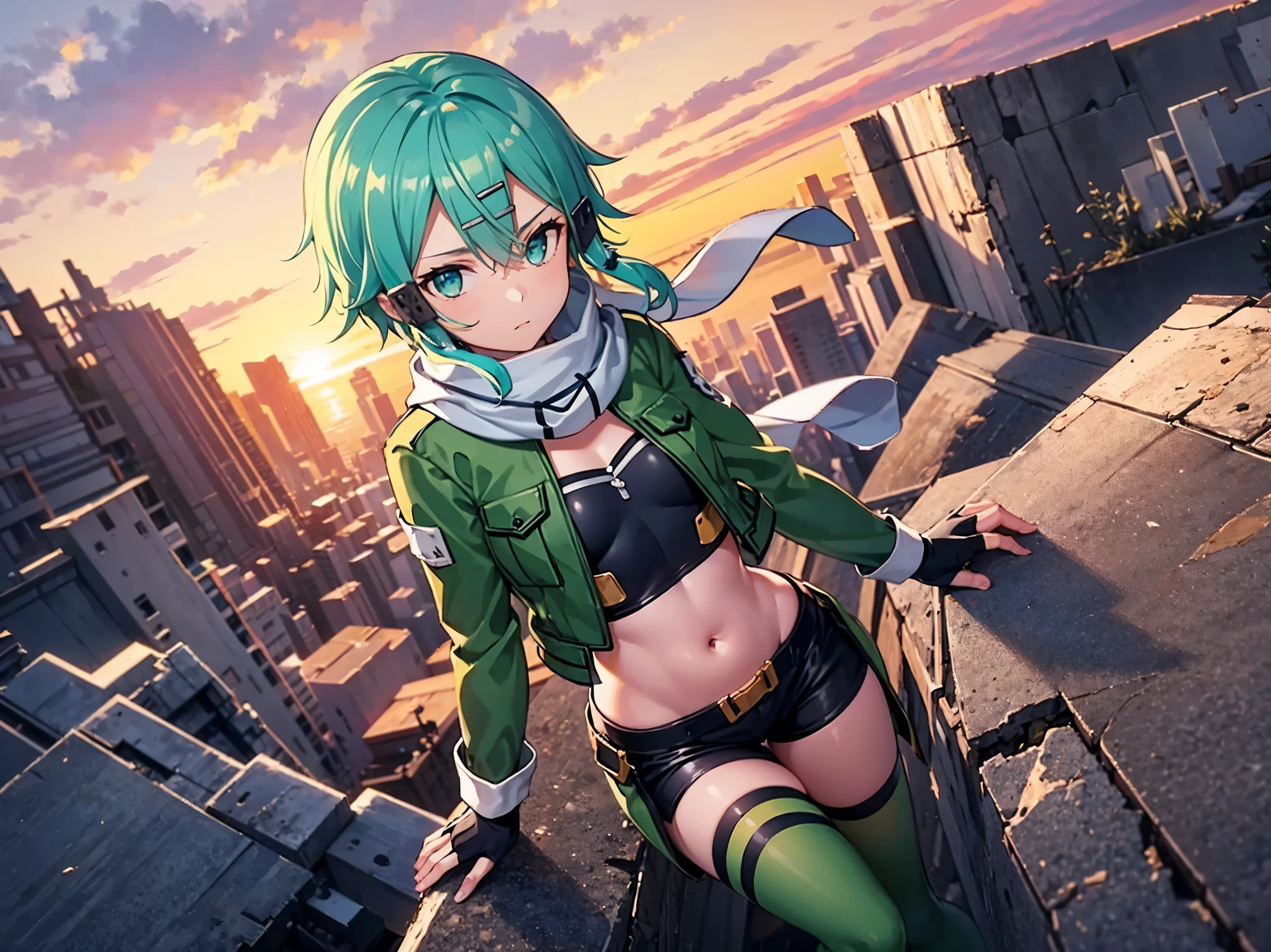 (masterpiece), best quality, expressive eyes, perfect face, highres, sinon1, scarf, fingerless gloves, long sleeves, short shorts,groin, hair ornament, hairclip, green thighhighs, green jacket,covered_nipples, thigh strap, field, sunset_ruins_landscape_background, ruined structures, dynamic_posing, looking at the viewer, (from above:1.2),covered_navel,