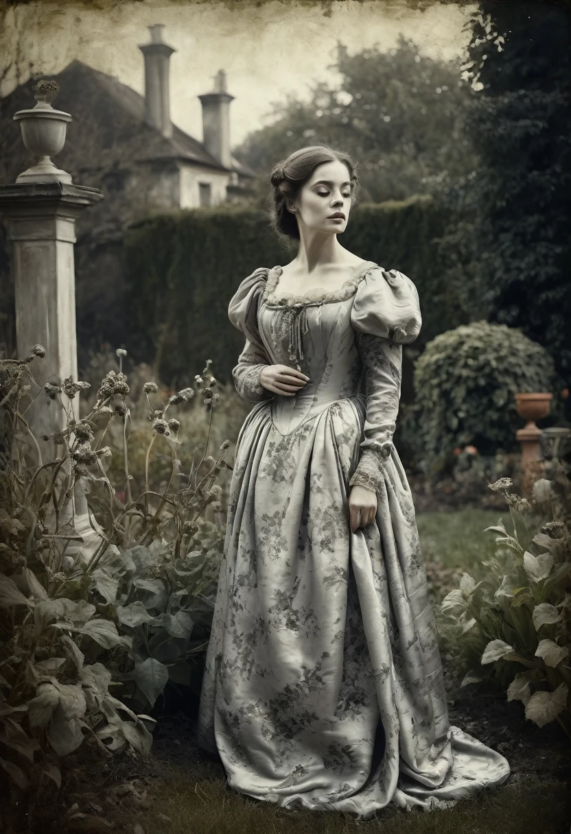 old picture of a women lady in a silk dress, with a dead garden background, classic horror, desaturated, oil paint, renaissance period