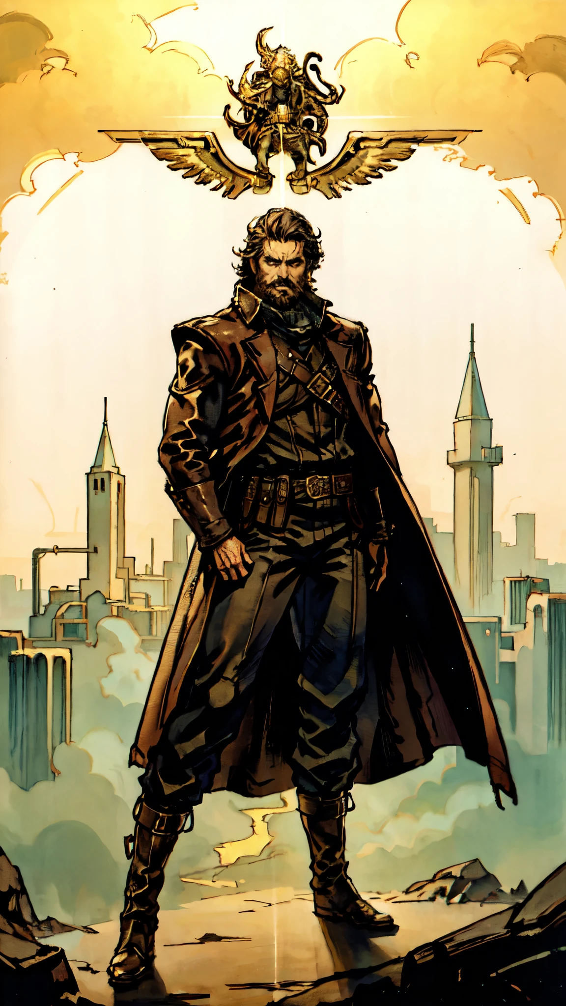 (masterpiece:1.2, best quality:1.2, extremely delicate:1.2), ((male:1.5)), a middle-aged man with short black and gold hair, rugged eyebrows, a full beard, downturned triangular eyes, an arrogant expression, mouth open laughing, a tall and robust build, a fantasy western-style cape and leather coat, his arms crossed over his chest, a leather utility belt, loose canvas trousers, standing majestically on a barren hillside, this character embodies a finely crafted fantasy western-style overlord in anime style, exquisite and mature manga art style, dramatic, high definition, highres, ultra-detailed, ultra-fine painting, professional, perfect body proportions, golden ratio, anatomically correct, symmetrical face, extremely detailed eyes and face, high quality eyes, creativity, RAW photo, UHD, 32k, Natural light, cinematic lighting, (masterpiece-anatomy-perfect:1.2)