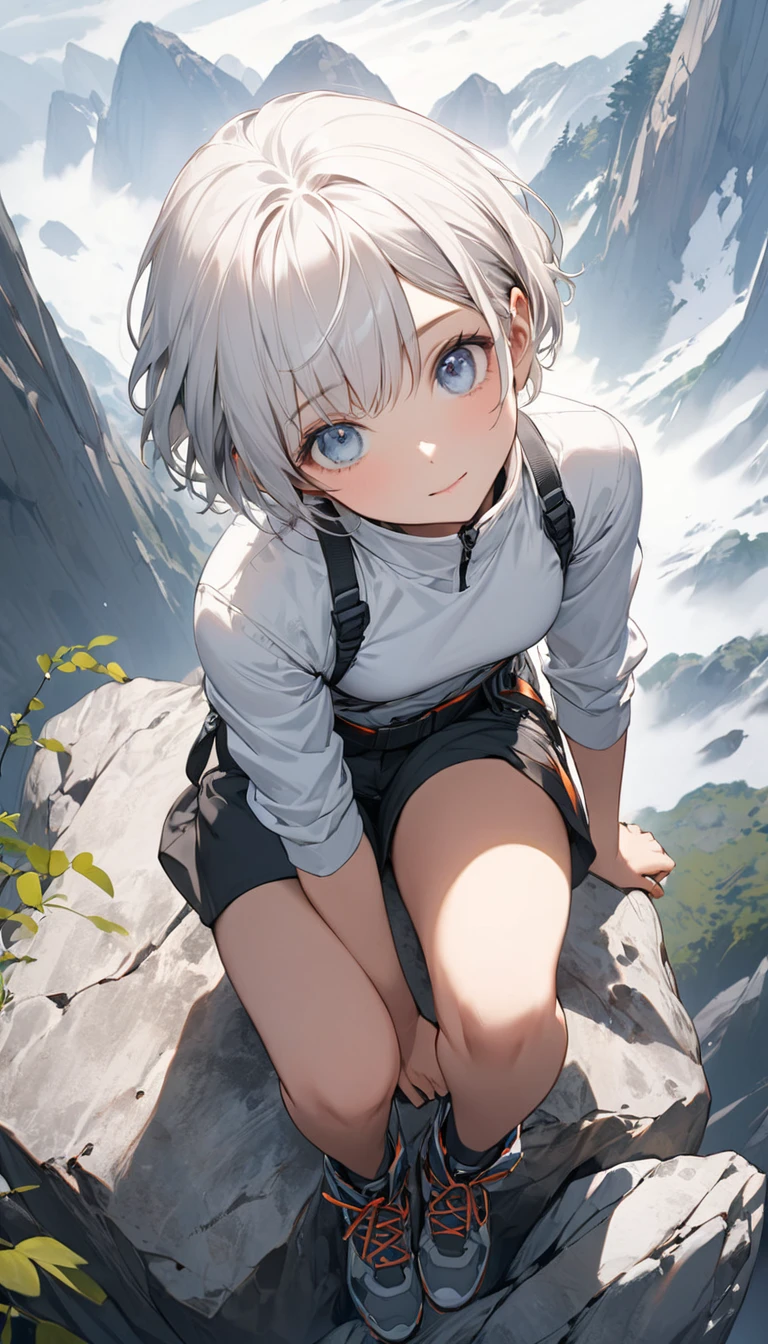 (masterpiece, best quality, super detailed, beautiful details eyes, Clean and delicate face), from above, solo, whole body, cute female rock climber in nature, pixie cut hair, sitting on the rock holding one knee, looking up at the sky, emptiness atmosphere, pure white world, no regrets, Satisfied expression