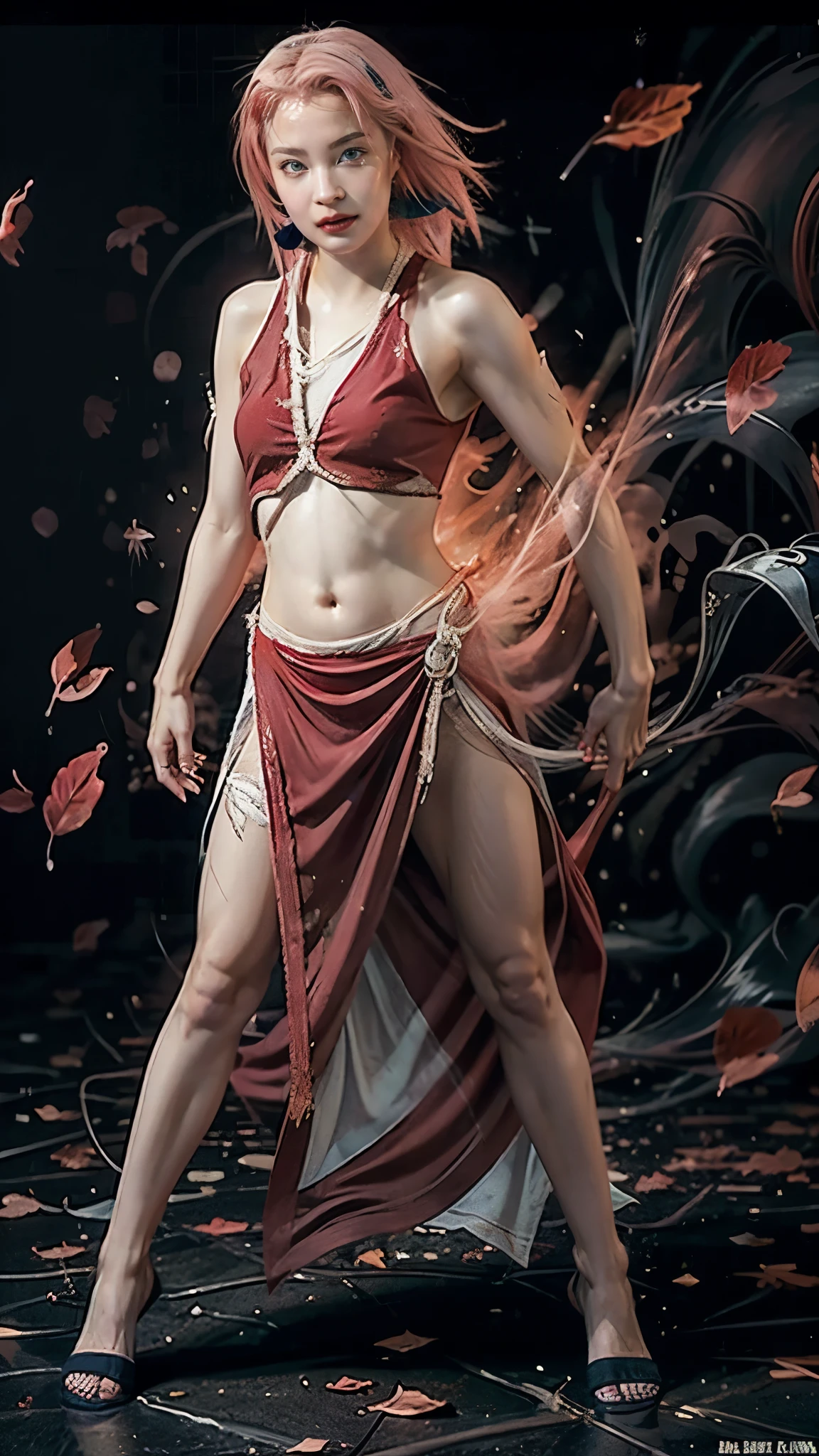Moisturized skin, (red eyes), realistic body, (adult female body), energetic, (), (girl),
BREAK,
bright red lipstick, (beautiful navel),
BREAK,
((masterpiece + highest quality + high resolution + highly detailed)), (full body: 1.2), symmetrical, one shot,
BREAK,
(leaves fluttering), (wind blowing), (battle stance: 1.4),
BREAK,
(large Japanese sword), ninja clothes, inside a mansion, assassination, a ninja with a sword sneaks through a mansion, has a cut, kunai, pink hair, fantastical,