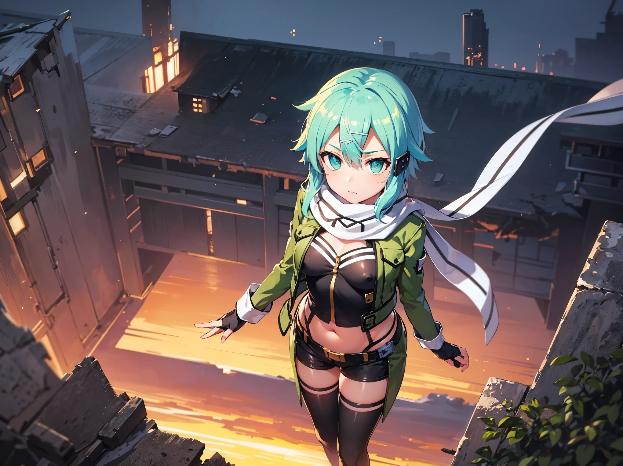 (masterpiece), best quality, expressive eyes, perfect face, highres, sinon1, scarf, fingerless gloves, long sleeves, short shorts,groin, hair ornament, hairclip, green thighhighs, green jacket,covered_nipples, thigh strap, field, sunset_ruins_landscape_background, ruined structures, dynamic_posing, looking at the viewer, (from above:1.2),covered_navel,