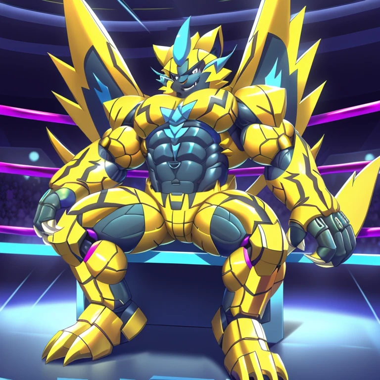 (ZERAORA, 8K), (Zeraora's giant robot, Powered exoskeleton with the same design as Zeraora), (Masterpiece, highres) (Detailed head, Detailed Body, Detailed abs, full body) (gigantic muscles, Gigachad Muscular, big muscle, pecs, triceps, traps, unusually developed muscular body, body full of huge muscles. showing off muscles, pectorales enormes, Exaggeratedly huge muscles.) (nj5furry, The claws are sharp, Sharp teeth, sharp claws), (long legs), (Spread wings, It has wings, have big wings, golden wings), (Wrestling, wrestler, the bodybuilding), (It has wings, whole body shines like metal, Wearing cyberpunk mecha, emphasizes the muscles, suit fully made of metal, intricate armor, Robotic suit, suit fully made of metal, cyborg), menacing pose, sitting on the throne, An arrogant expression. destroying city.