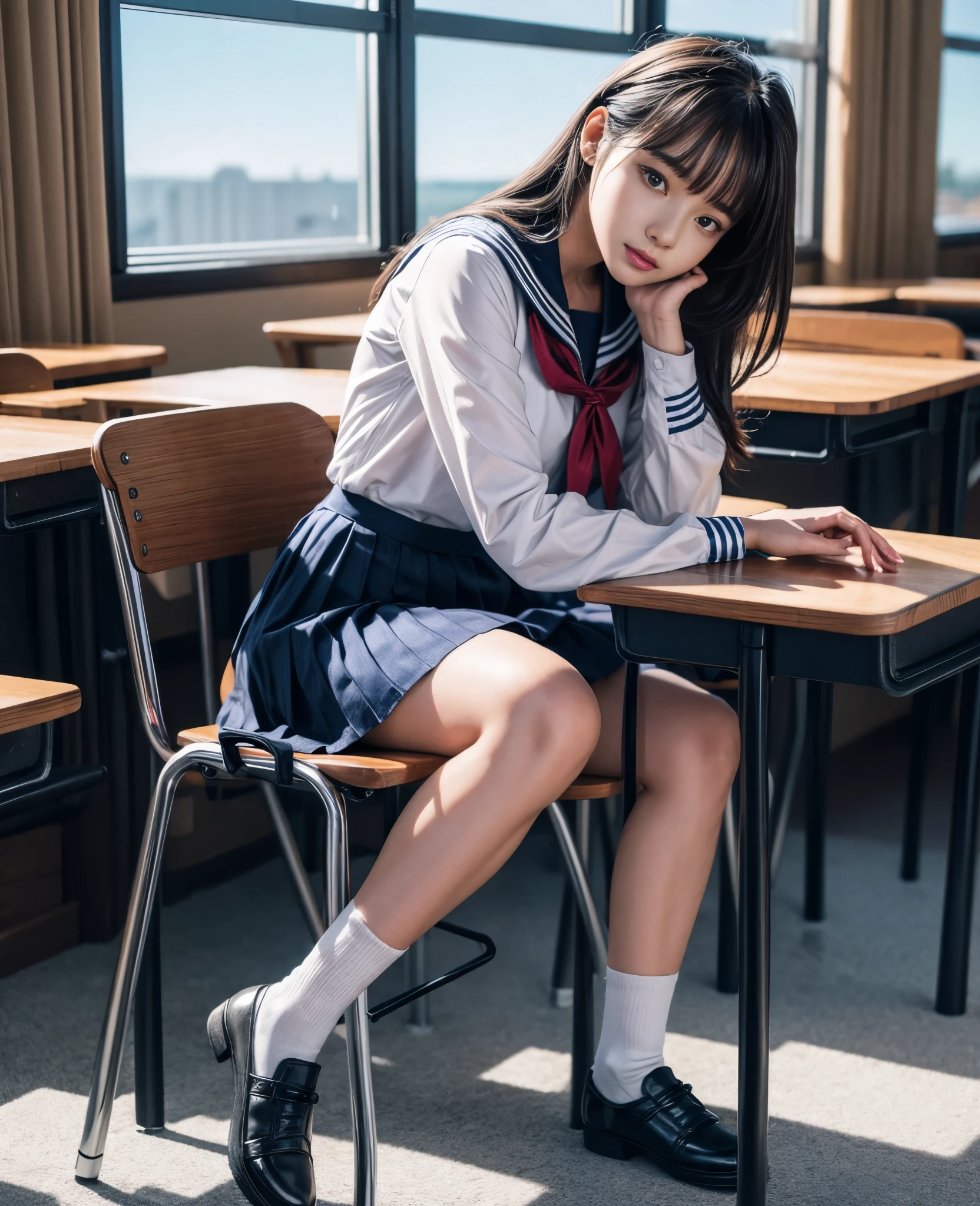 (masterpiece, 8k, best quality:1.2), sitting in the classroom, 1girl, 18 years old, sailor uniform,(((ankle length skirt))), beautiful detailed eyes, beautiful detailed lips, extremely detailed face and features, long eyelashes, school interior, desk, chair, window, sunlight, realistic, photorealistic, vivid colors, cinematic lighting, warm tones, highly detailed