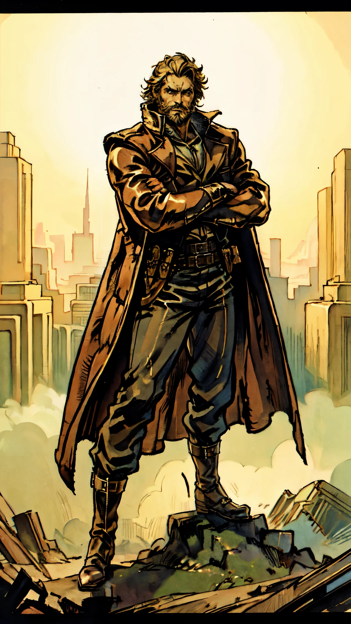 (masterpiece:1.2, best quality:1.2, extremely delicate:1.2), ((male:1.5)), a middle-aged man with short black and gold hair, rugged eyebrows, a full beard, downturned triangular eyes, an arrogant expression, mouth open laughing, a tall and robust build, a fantasy western-style cape and leather coat, his arms crossed over his chest, a leather utility belt, loose canvas trousers, standing majestically on a barren hillside, this character embodies a finely crafted fantasy western-style overlord in anime style, exquisite and mature manga art style, dramatic, high definition, highres, ultra-detailed, ultra-fine painting, professional, perfect body proportions, golden ratio, anatomically correct, symmetrical face, extremely detailed eyes and face, high quality eyes, creativity, RAW photo, UHD, 32k, Natural light, cinematic lighting, (masterpiece-anatomy-perfect:1.2)