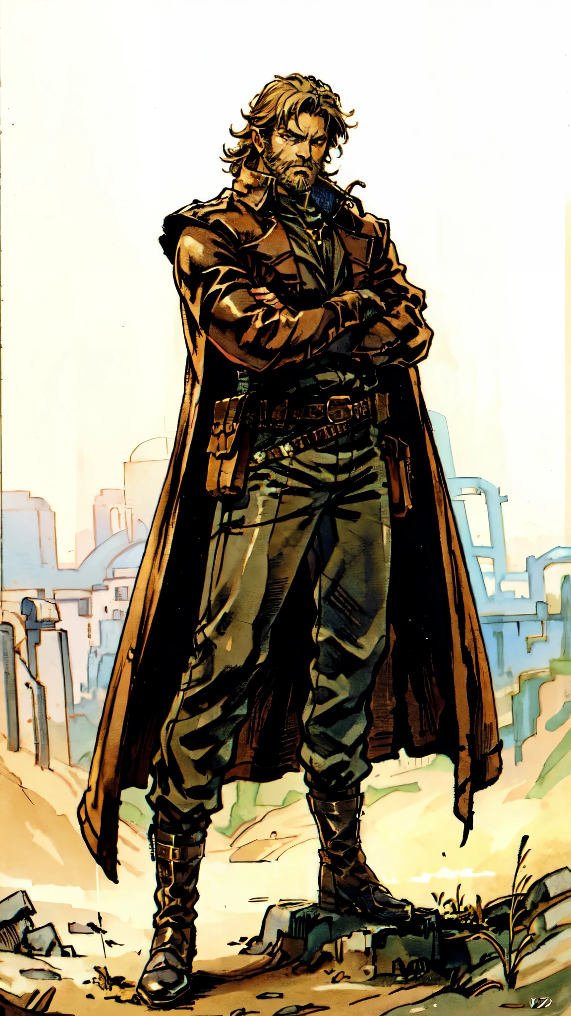 (masterpiece:1.2, best quality:1.2, extremely delicate:1.2), ((male:1.5)), a middle-aged man with short black and gold hair, rugged eyebrows, a full beard, downturned triangular eyes, an arrogant expression, mouth open laughing, a tall and robust build, a fantasy western-style cape and leather coat, his arms crossed over his chest, a leather utility belt, loose canvas trousers, standing majestically on a barren hillside, this character embodies a finely crafted fantasy western-style overlord in anime style, exquisite and mature manga art style, dramatic, high definition, highres, ultra-detailed, ultra-fine painting, professional, perfect body proportions, golden ratio, anatomically correct, symmetrical face, extremely detailed eyes and face, high quality eyes, creativity, RAW photo, UHD, 32k, Natural light, cinematic lighting, (masterpiece-anatomy-perfect:1.2)