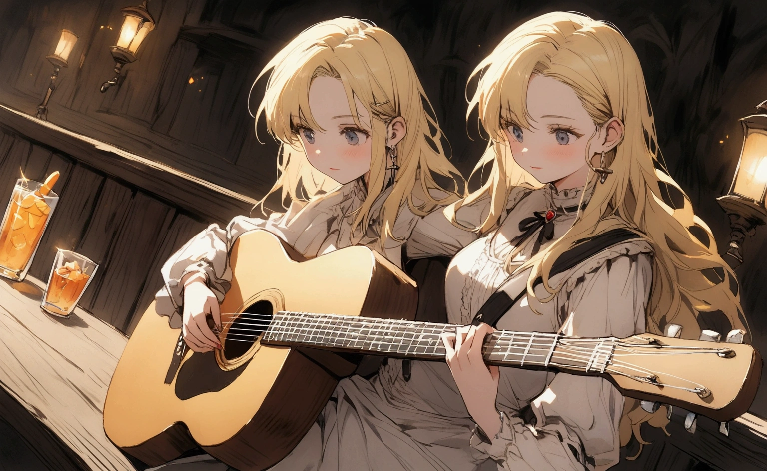 Medieval woman playing guitar, Alone at the bar, , Bella, Blonde Hair