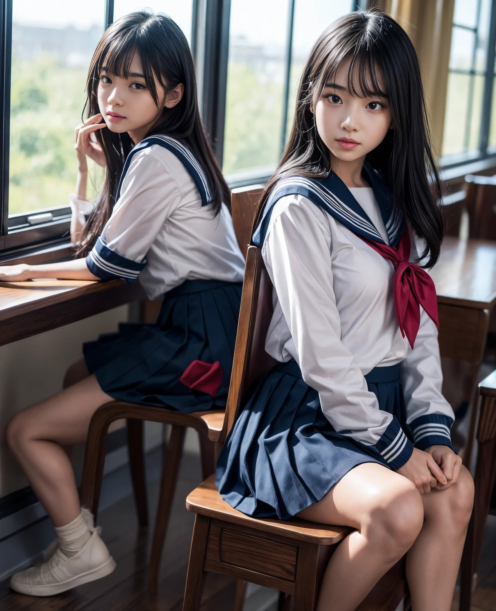 (masterpiece, 8k, best quality:1.2), sitting in the classroom, 1girl, 18 years old, sailor uniform,(((ankle length skirt))), beautiful detailed eyes, beautiful detailed lips, extremely detailed face and features, long eyelashes, school interior, desk, chair, window, sunlight, realistic, photorealistic, vivid colors, cinematic lighting, warm tones, highly detailed