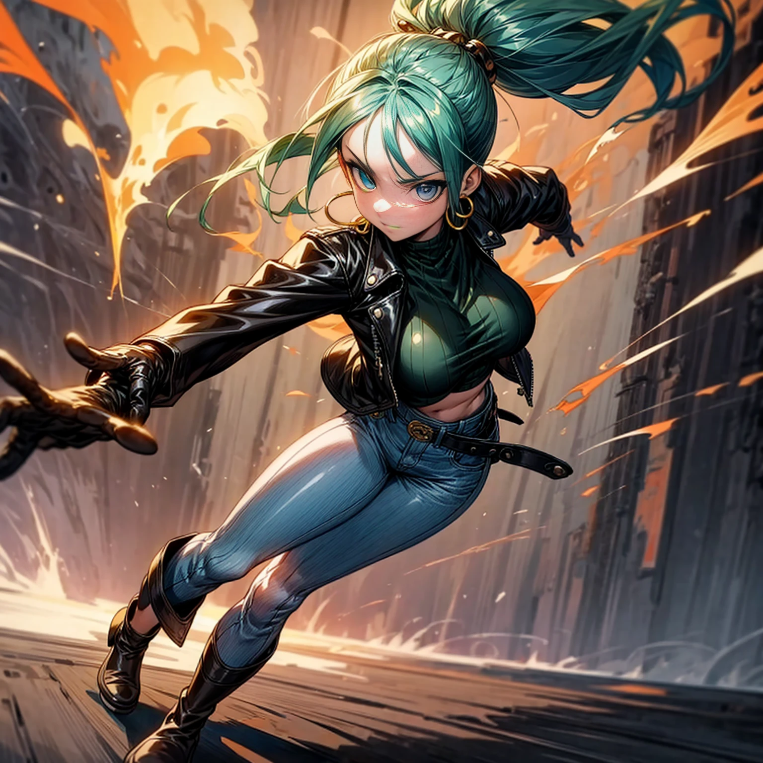 Solo character, young girl, full body version, blue eyes, green hair, long Curly hairstyle, ponytail, black t-shirt, brown leather jacket, long jeans, white boots, gloves, big breasts, Grassroots, background in street city, evening day, (one piece style art), standing battle gesture, handgun in hand, smoke effect, fire effect, blood on background, happy eyes, Hoop earrings 