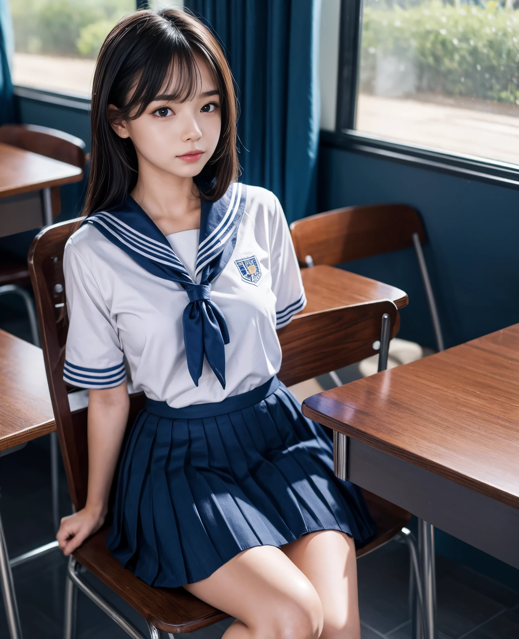 (masterpiece, 8k, best quality:1.2), sitting in the classroom, 1girl, 18 years old, sailor uniform,(((ankle length skirt))), beautiful detailed eyes, beautiful detailed lips, extremely detailed face and features, long eyelashes, school interior, desk, chair, window, sunlight, realistic, photorealistic, vivid colors, cinematic lighting, warm tones, highly detailed