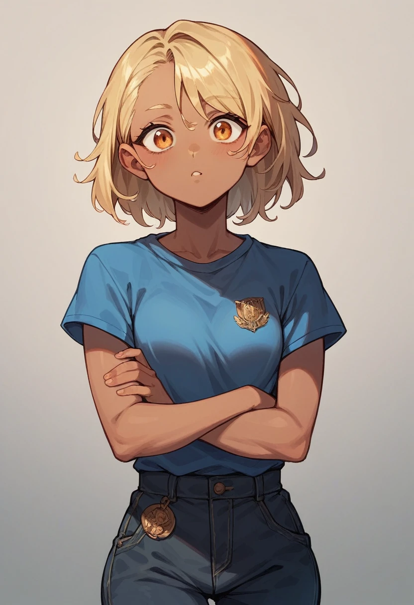 a teenager with dark skin, amber eyes, blond hair and a nice physique is dressed in a navy blue shirt