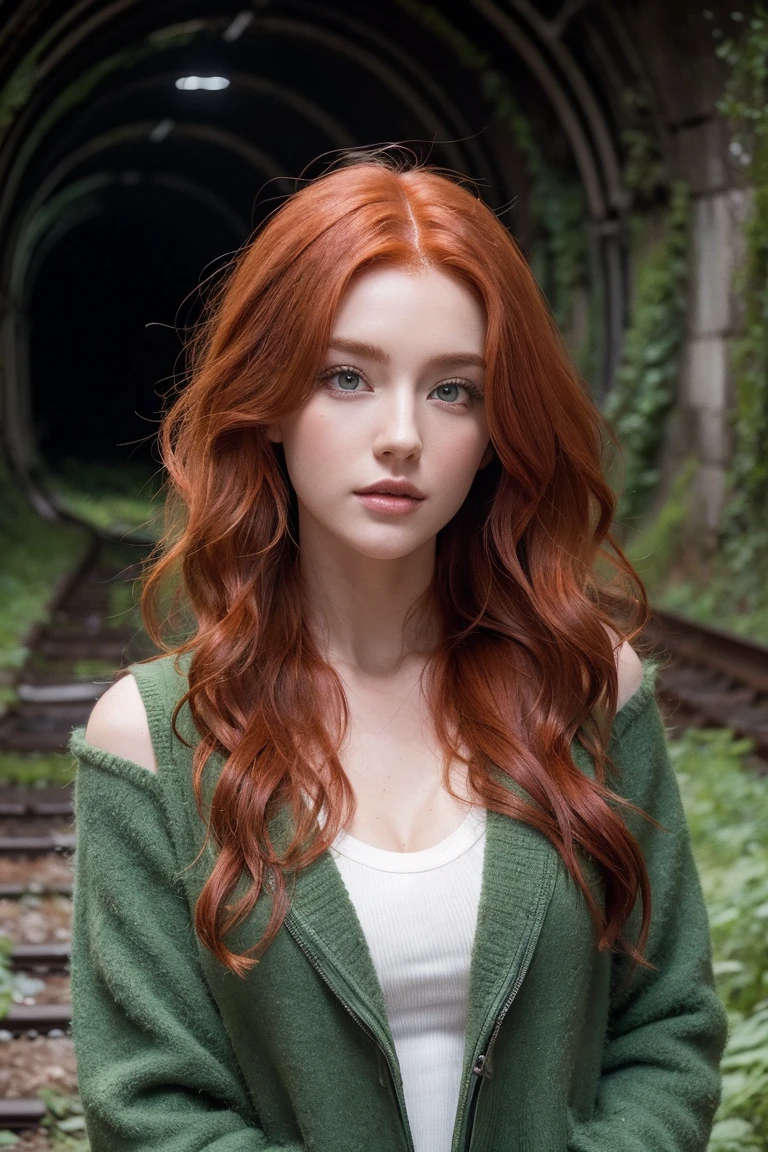 3165185470 beautiful redhead with wavy hair in a wide abandoned railway tunnel with full contrast realistic green flora