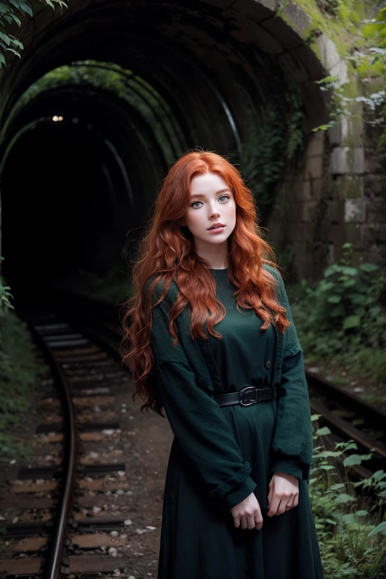 3165185470 beautiful redhead with wavy hair in a wide abandoned railway tunnel with full contrast realistic green flora