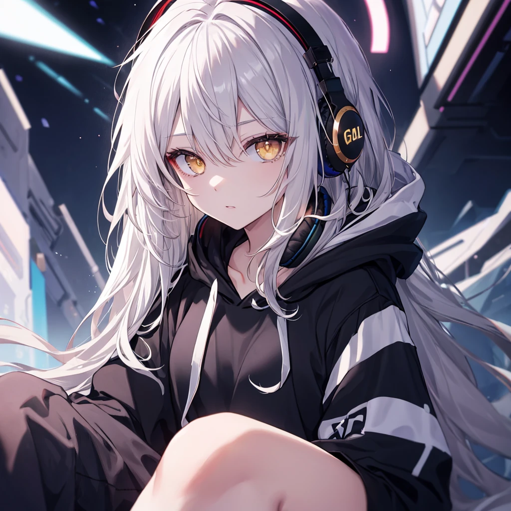 Golden Eyes、woman、Silver Hair、Semi-long hair、Put on some cool headphones,
Black hoodie oversized,
MytH, beautiful and delicate
Golden Eyes、Black clothes,Solo,
Near future