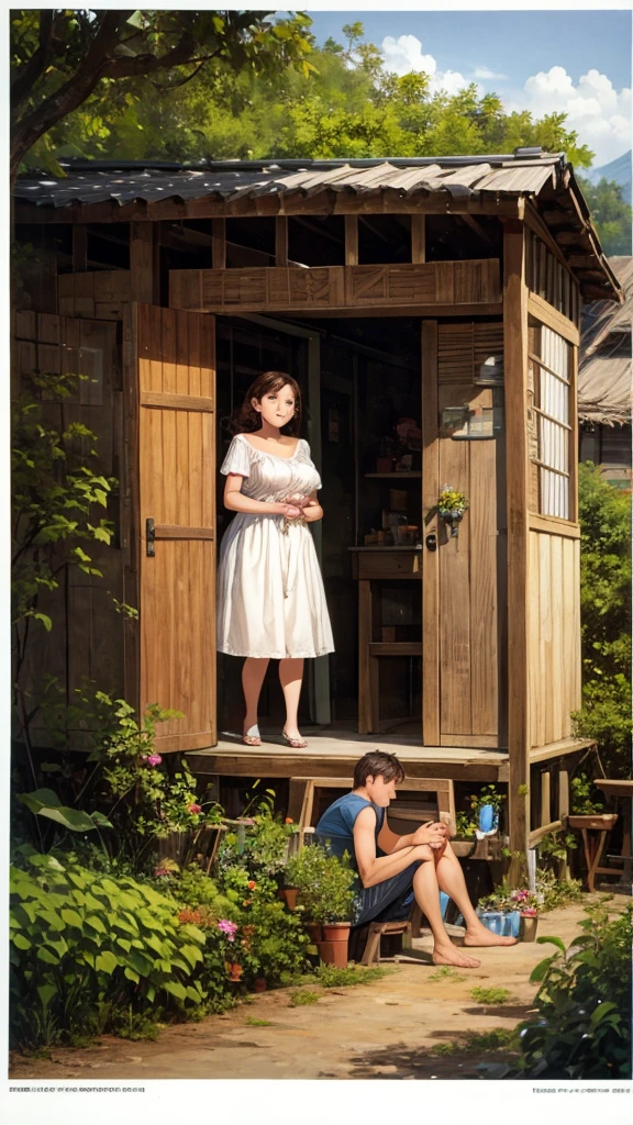 A couple is romancing under a hut. The couple is wearing short clothes. The girl has big hips. It is evening.