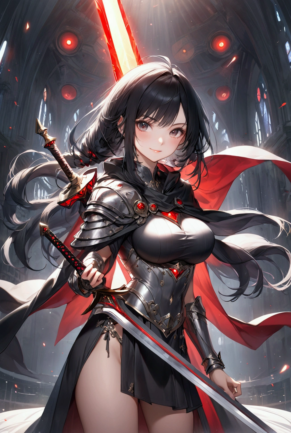 (Highest quality, 8k, 32K, masterpiece, Ultra-high resolution,:1.2),born, One girl,Super cute , Natural light,Clear, shining eyes, 20-year-old ,Fair skin, Girl with black hair, Woman warrior, Sexy pose, An innocent smile, A fantasy background reminiscent of an electronic world, Random hairstyle, Long Hair, short hair, Large Breasts, Girl, Red Glowing Sword, Big Sword, Large shield, RPG, Black Hair, Black Cape, evil