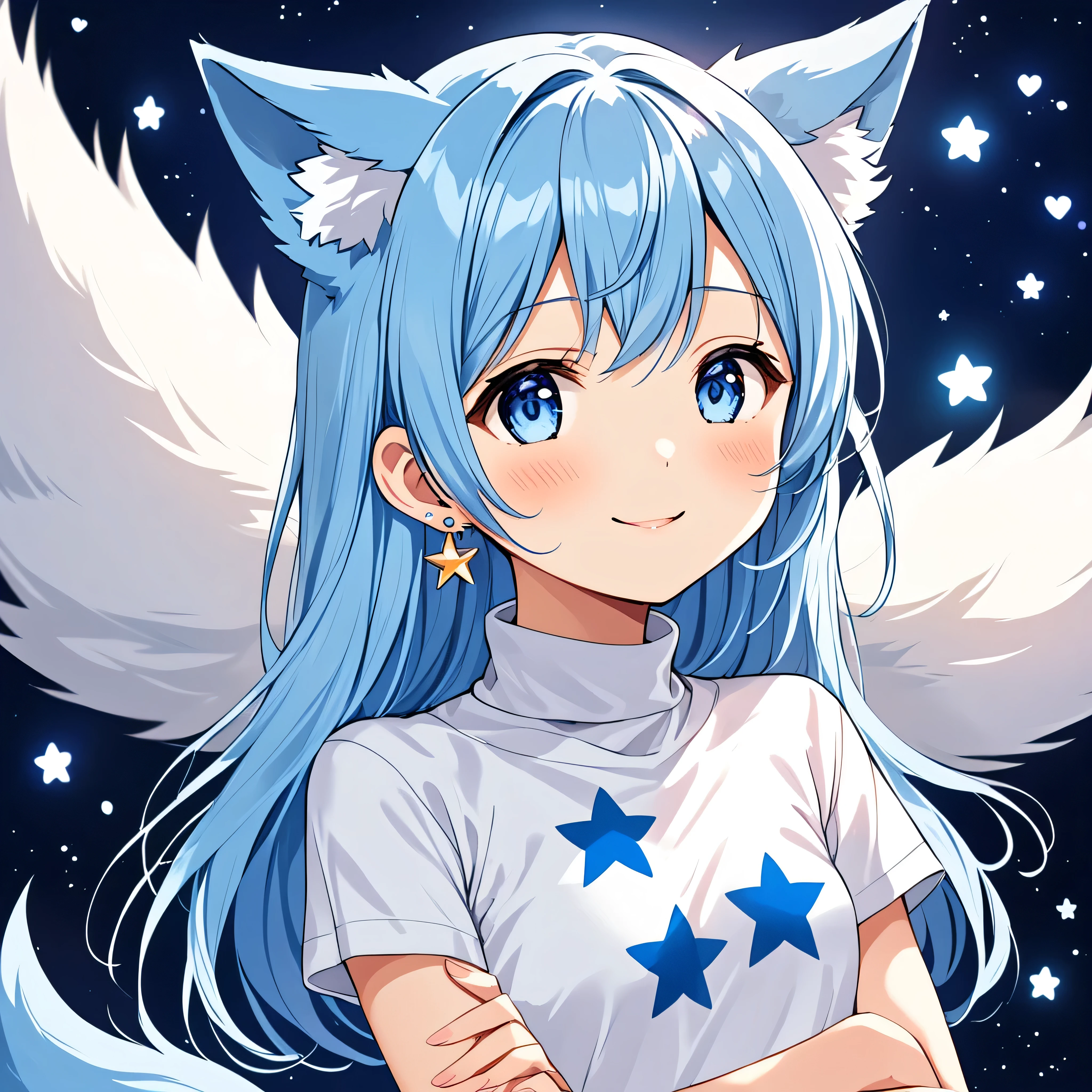 A Japanese Demi-Human Journalist () with sky blue hair, long and a little wavy, falling gracefully from the shoulders.
Big and clear, always glowing with curiosity and enthusiasm.
clear and smooth, with a lightness that highlights its semi-human nature.
wolf's ears, covered in soft blue fur, positioned on top of the head, giving a lovely and distinguished look.
A blue wolf tail that wags happily, reflecting your emotions.
A white micro t-shirt with a turtleneck, fitted and with a cute design that matches your age.
A low-waisted pencil skirt, decorated with small star or flower designs for a childlike touch.
Slender and exposed, but in an appropriate and innocent way, highlighting your slender figure.
Small earrings in the shape of hearts or stars, adding a charm .
Often seen with arms crossed cutely or with one hand raised, as if he was excitedly explaining something.
Always with a radiant smile or an expression of curiosity, ready to discover new stories.
